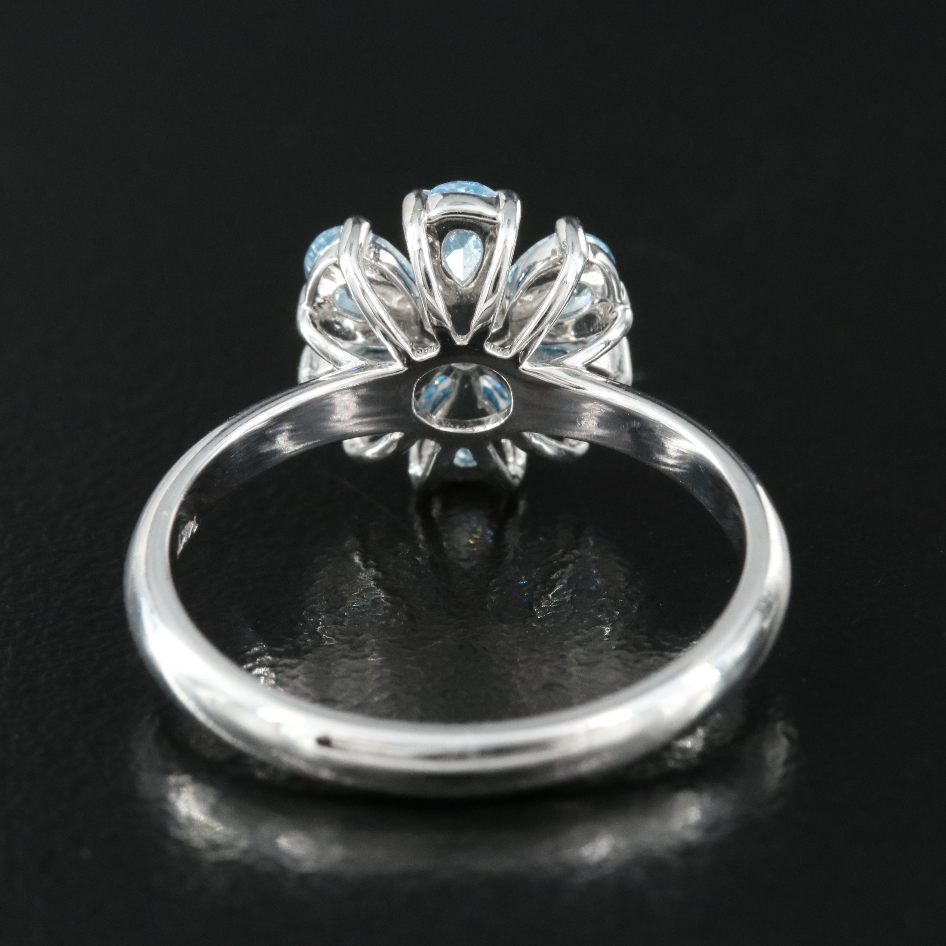 14K 1.03 CTW Diamond Flower Ring with (Origin Undetermined) Fancy Blue Diamonds