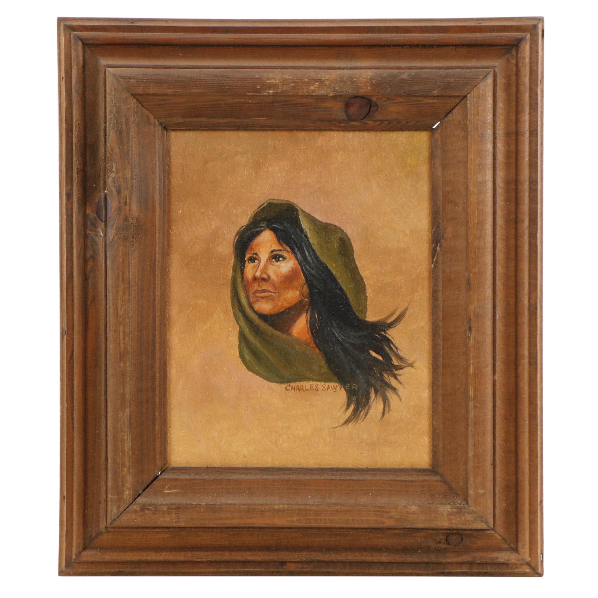 Charles Sawyer Portrait Oil Painting of Young Woman, Late 20th Century