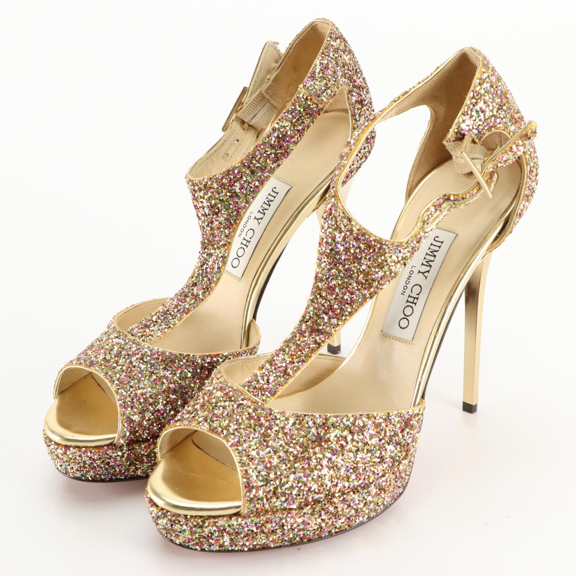 Jimmy Choo Peep Toe High-Heeled Shoes in Metallic Gold and Rainbow Glitter