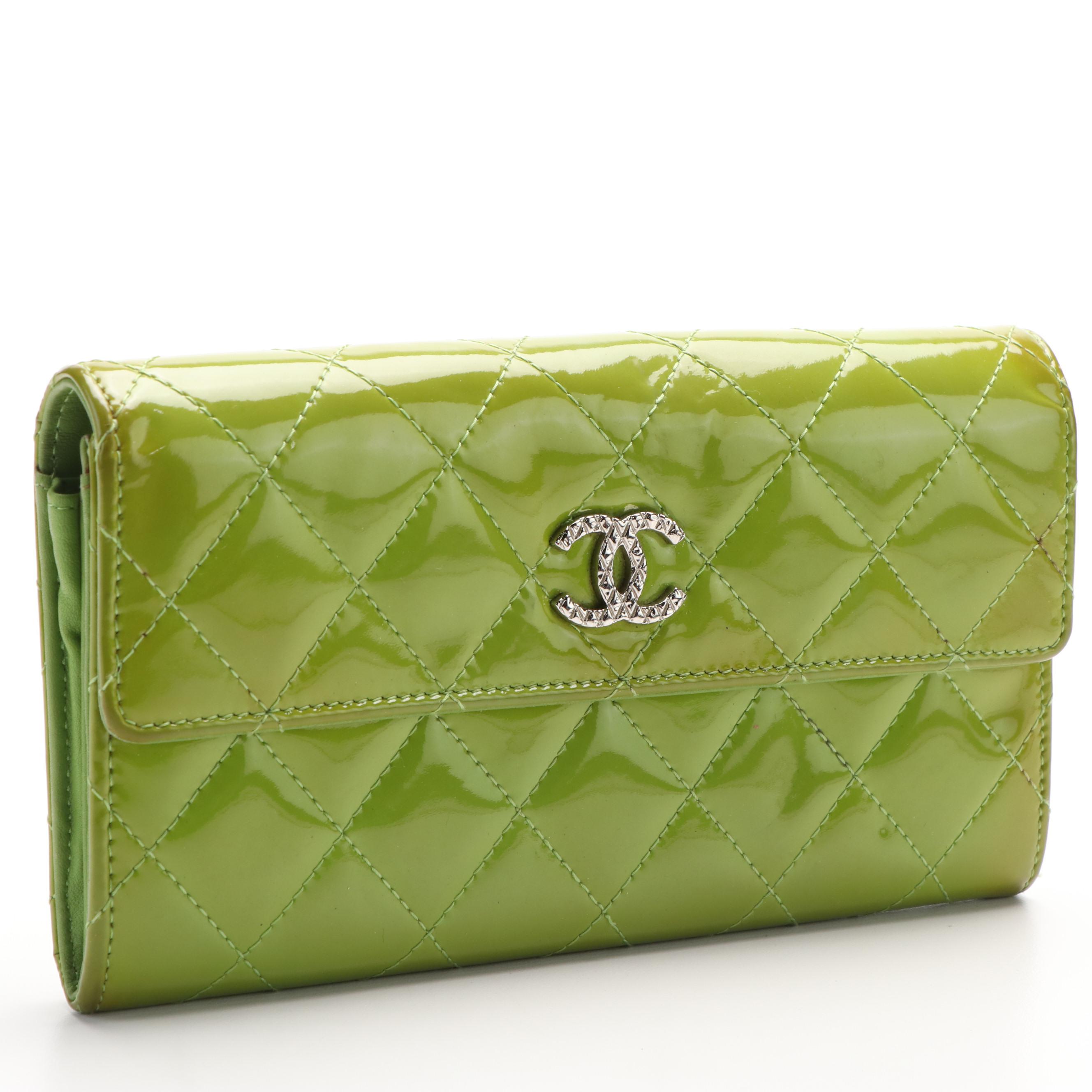 Chanel Pear Green Quilted Patent Leather CC Flap Wallet
