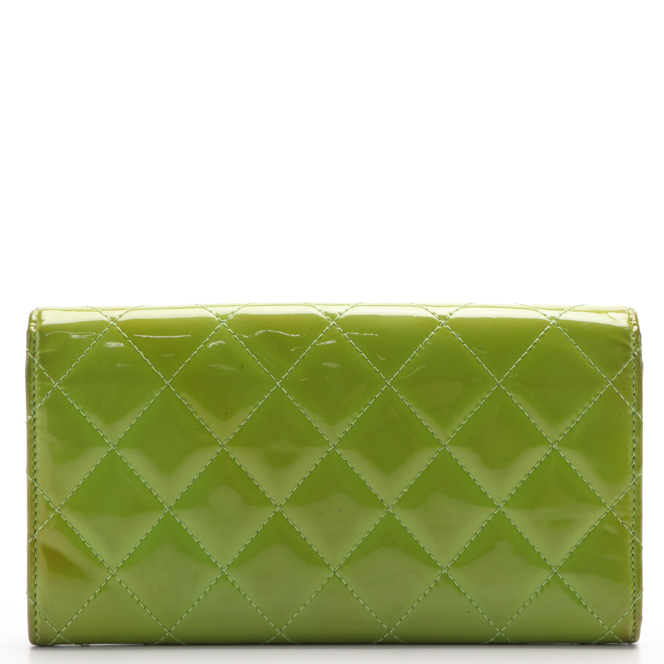 Chanel Pear Green Quilted Patent Leather CC Flap Wallet