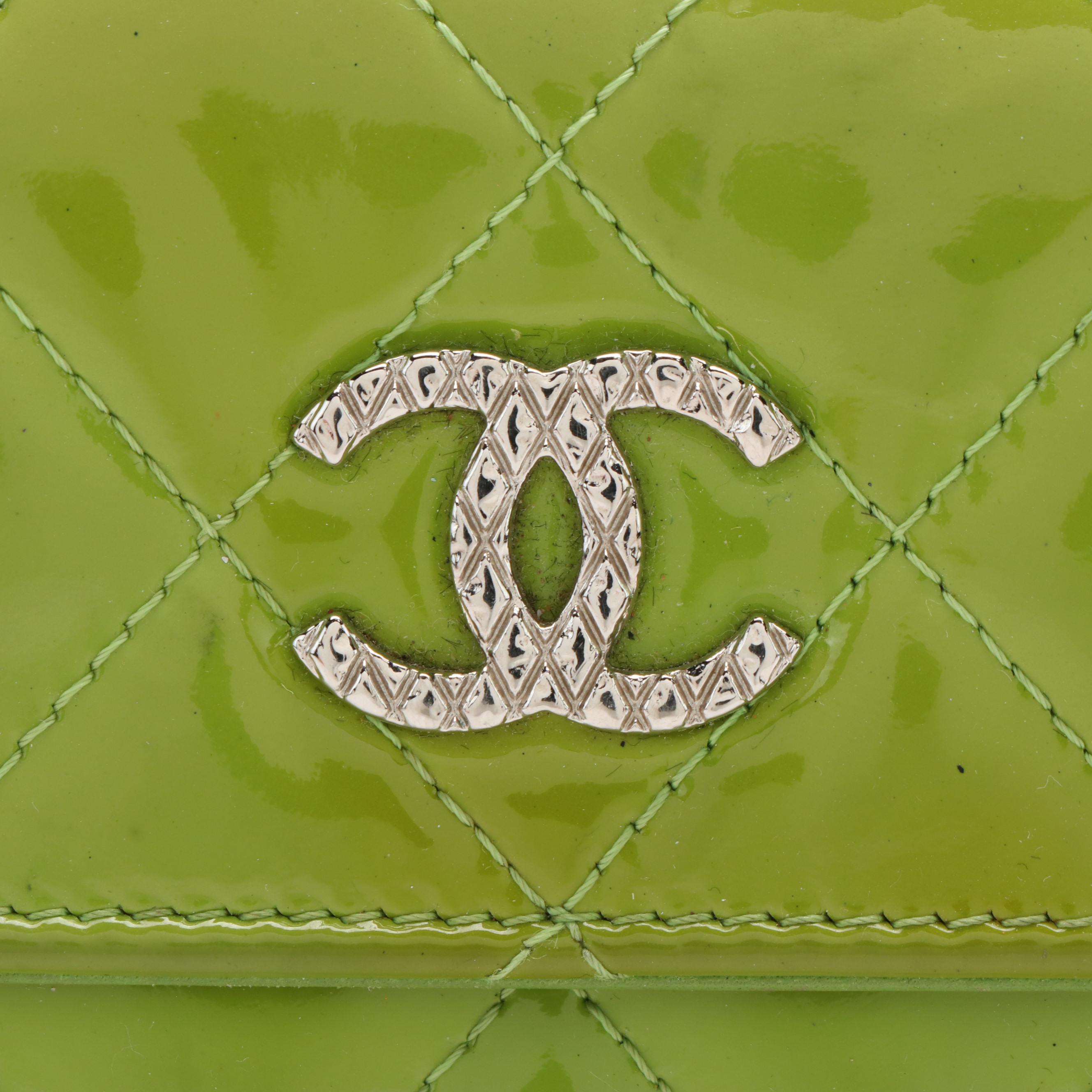 Chanel Pear Green Quilted Patent Leather CC Flap Wallet