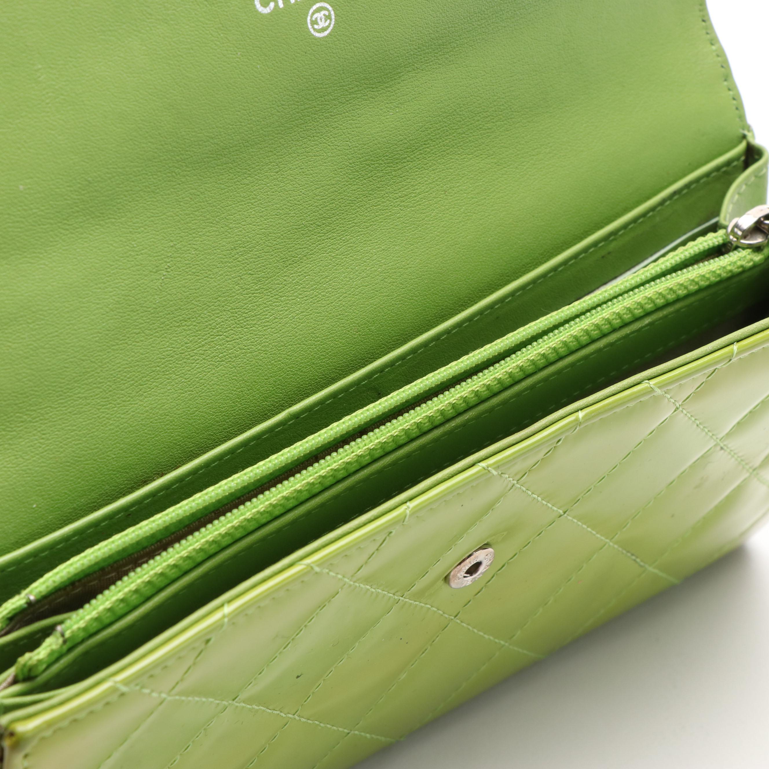 Chanel Pear Green Quilted Patent Leather CC Flap Wallet