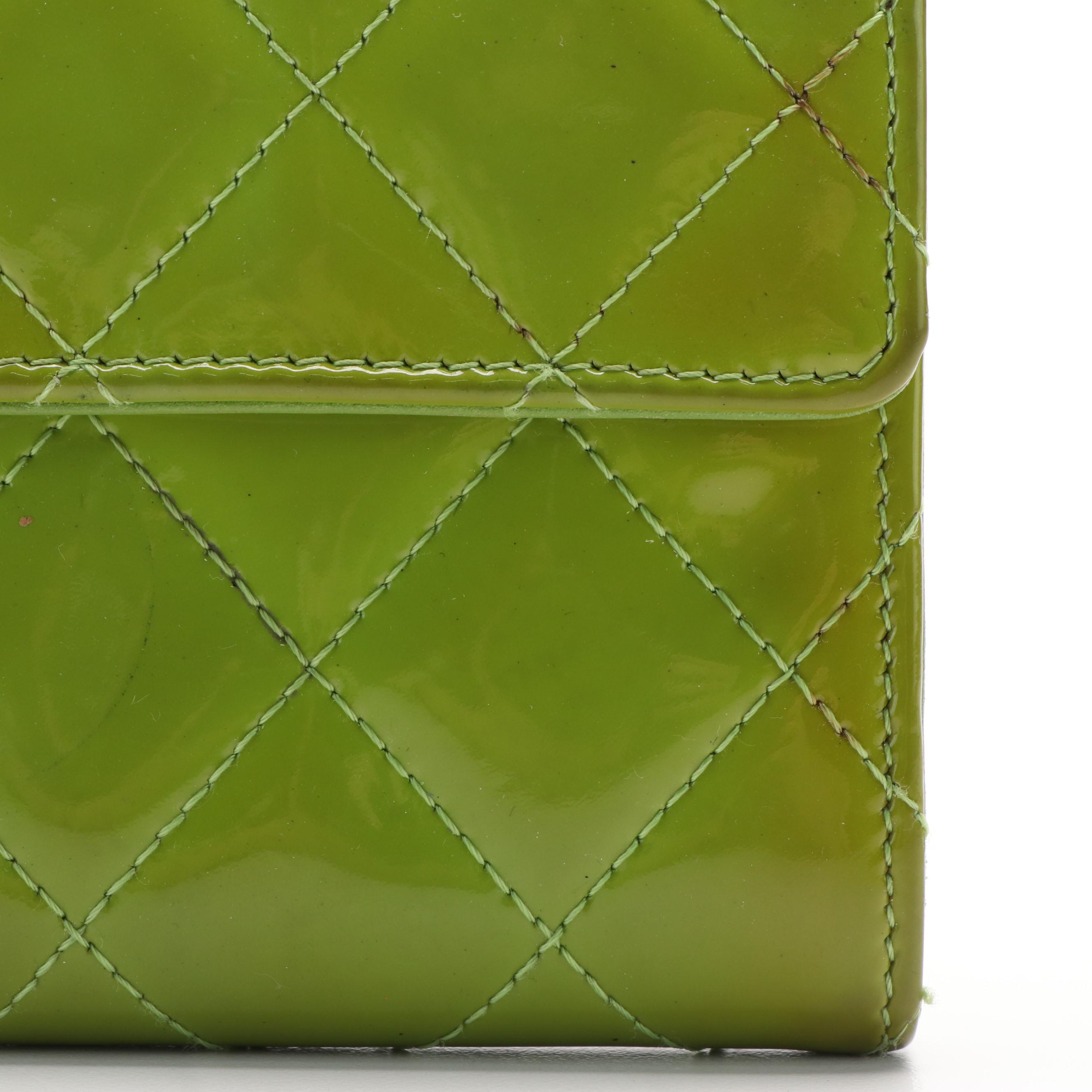 Chanel Pear Green Quilted Patent Leather CC Flap Wallet