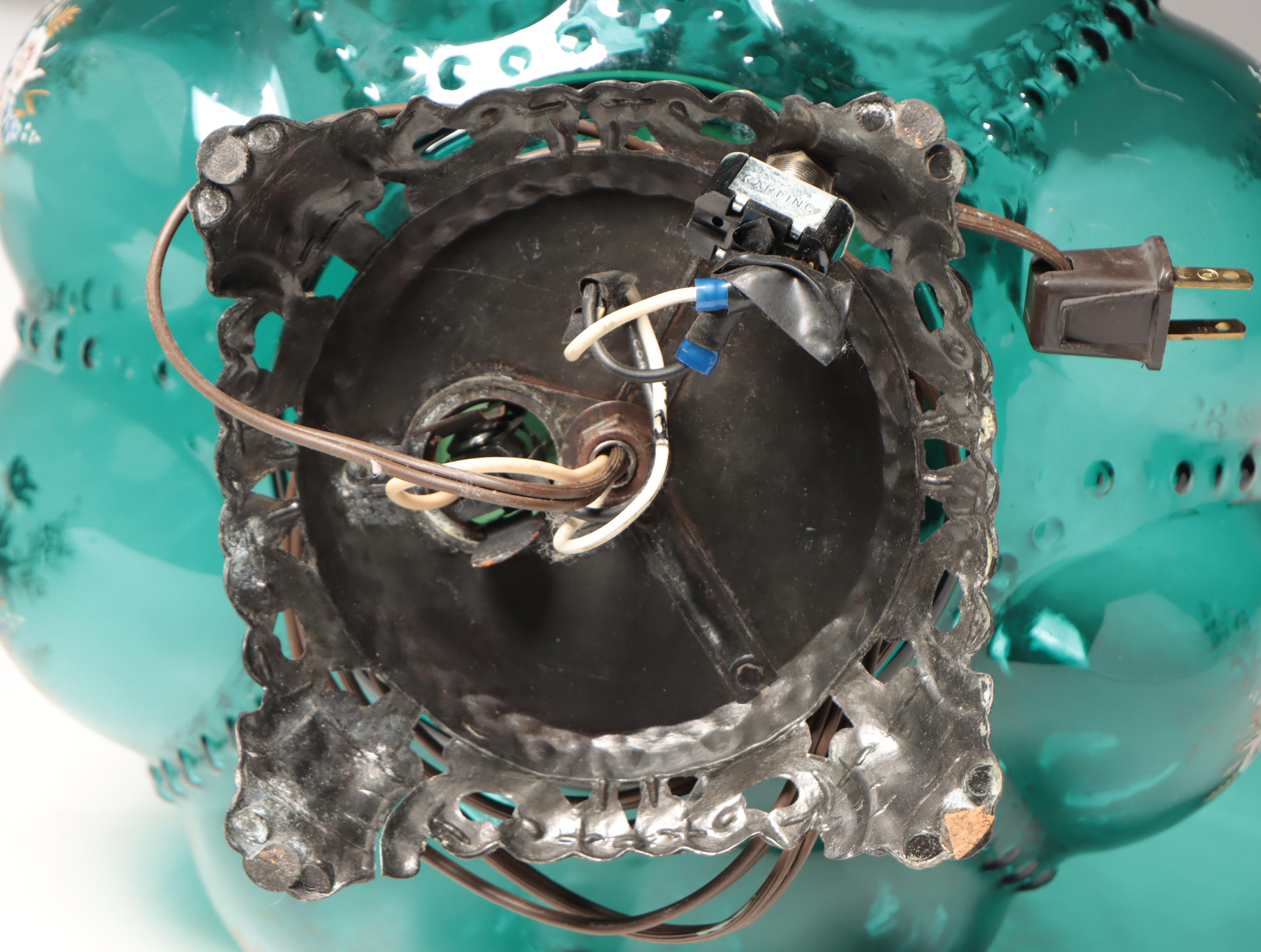 Transfer-Decorated Aqua Bubble Glass Table Lamps, Mid to Late 20th C