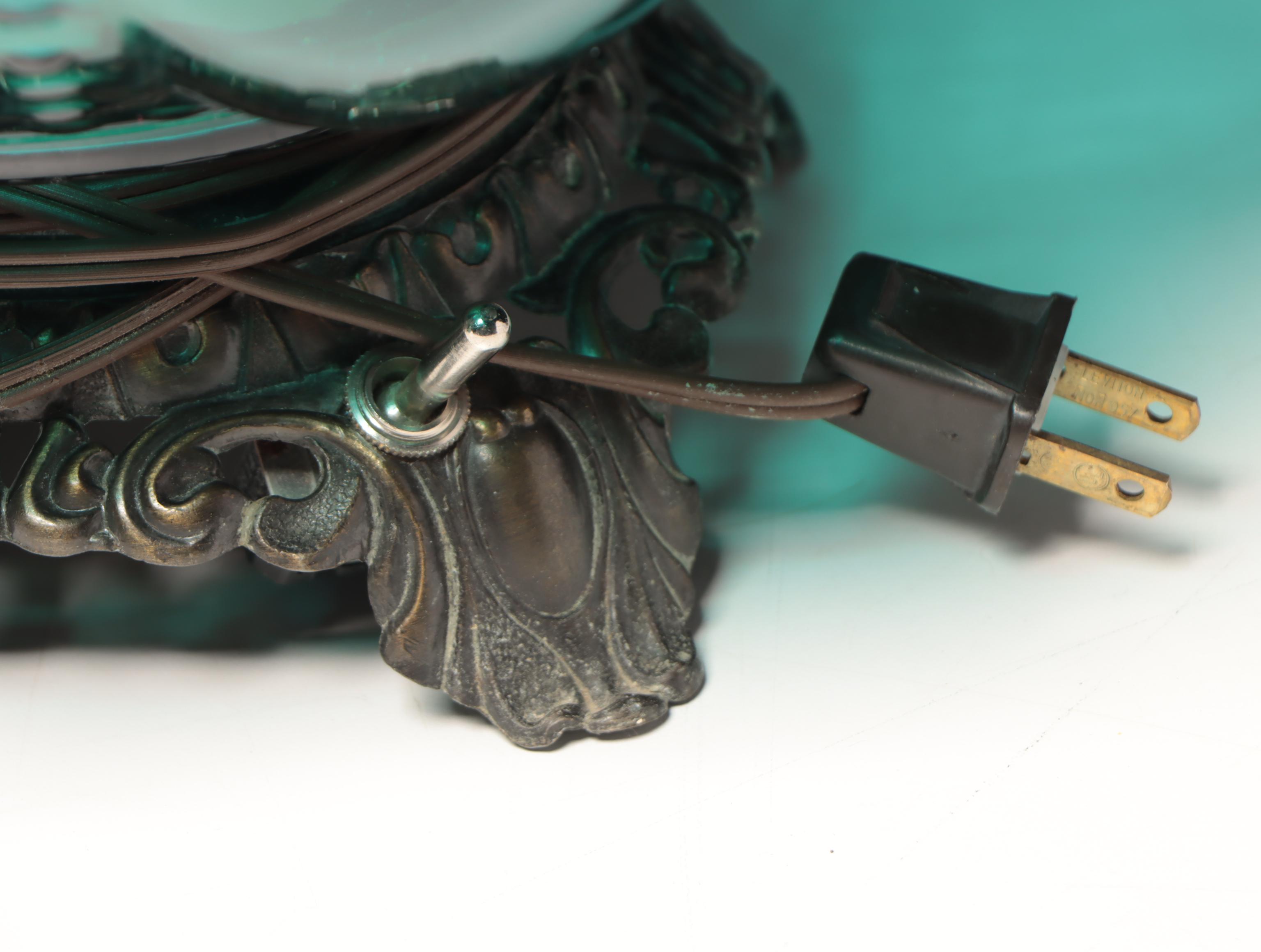 Transfer-Decorated Aqua Bubble Glass Table Lamps, Mid to Late 20th C