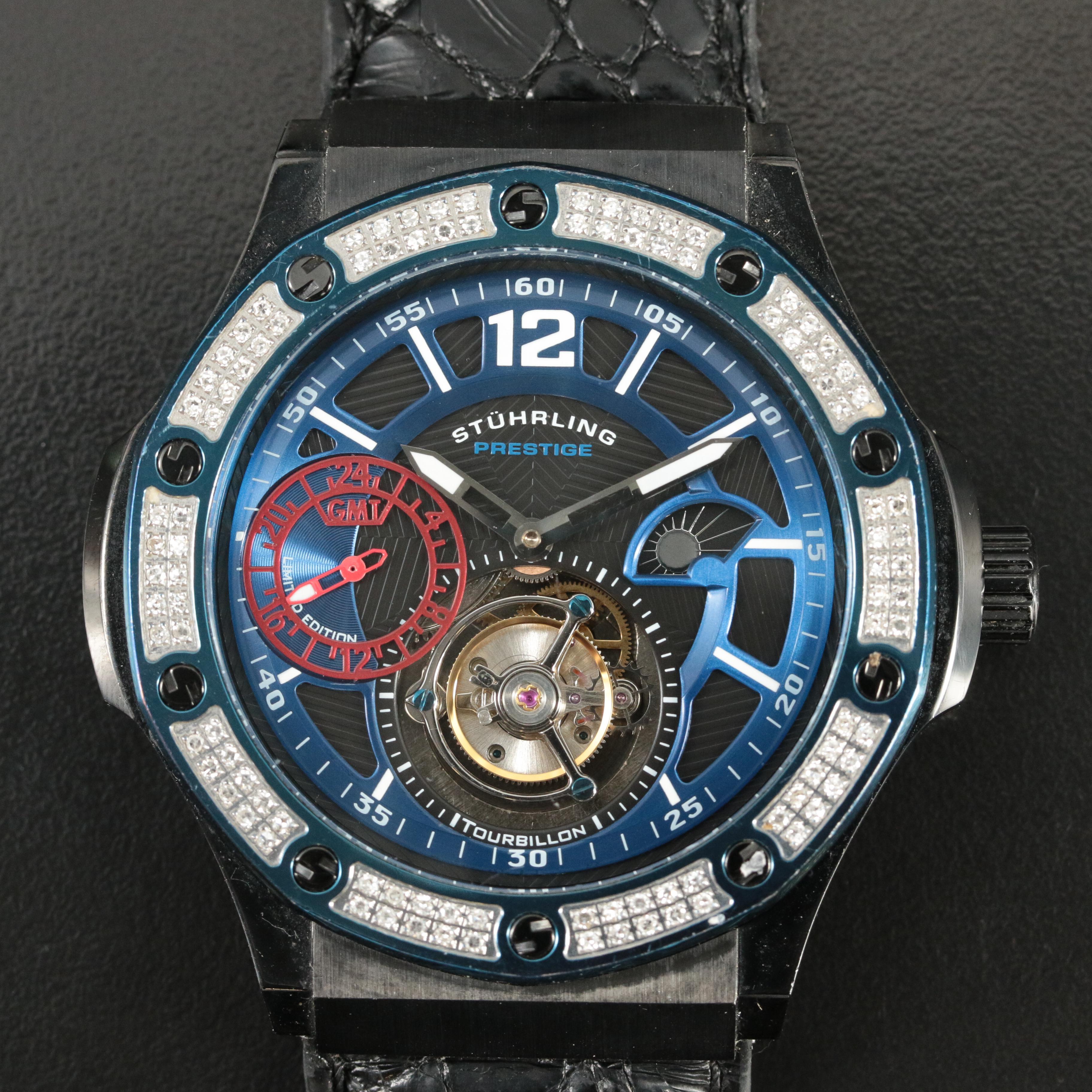 Stührling Prestige Tourbillon GMT Diamond-Bezel Watch
