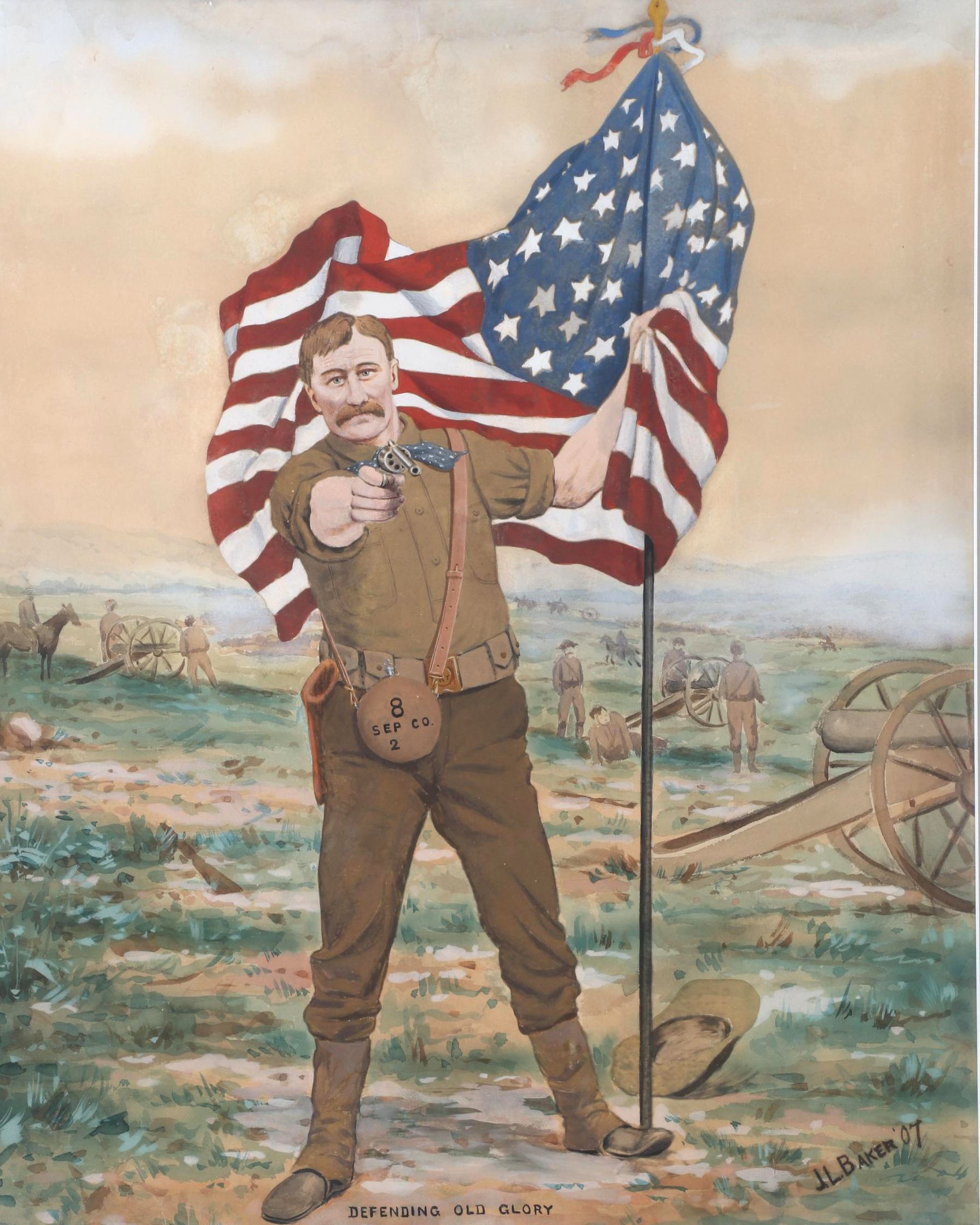Teddy Roosevelt Rough Rider Portrait Watercolor Painting "Defending Old Glory"