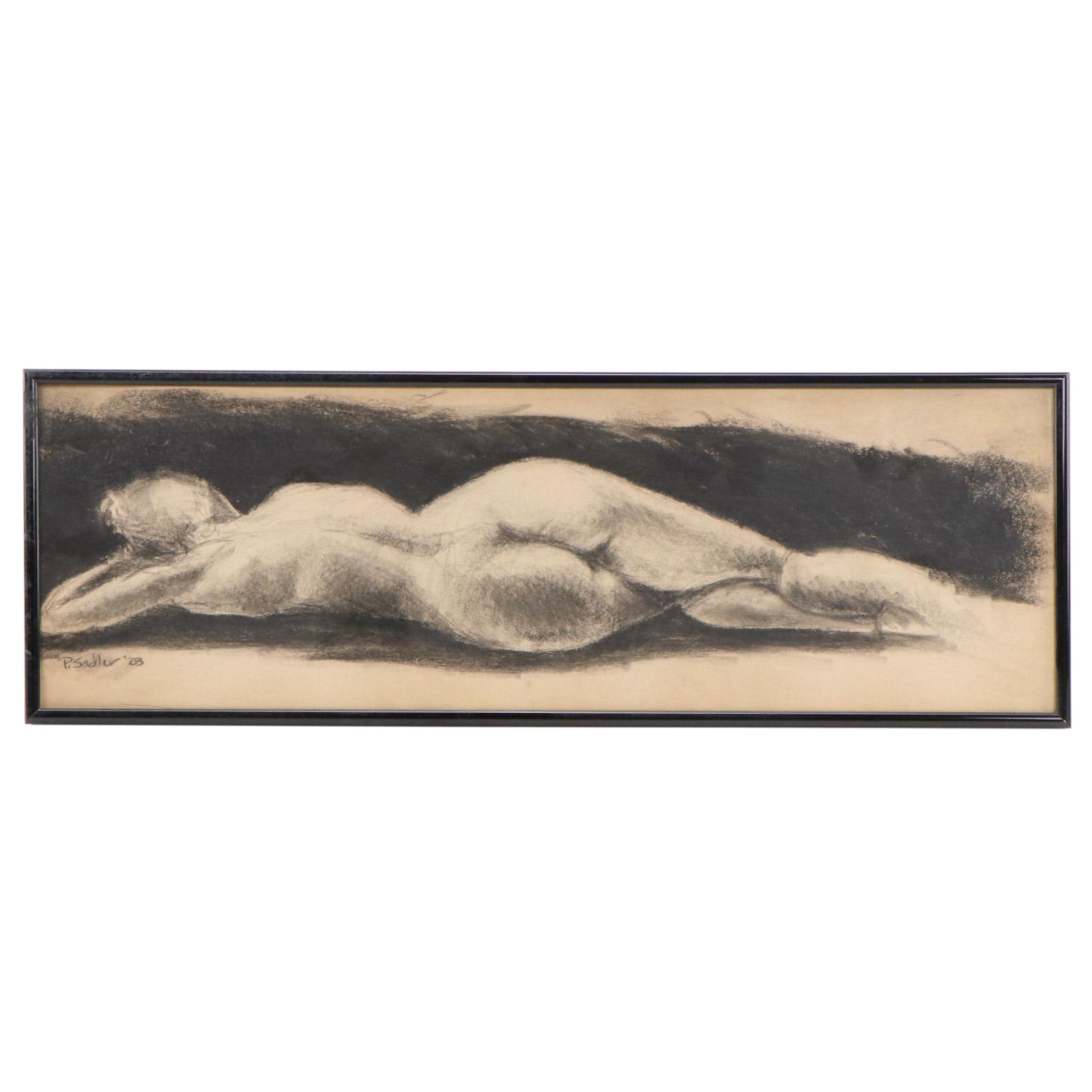 P. Sadler Figurative Charcoal Drawing of Reclining Nude, 2003