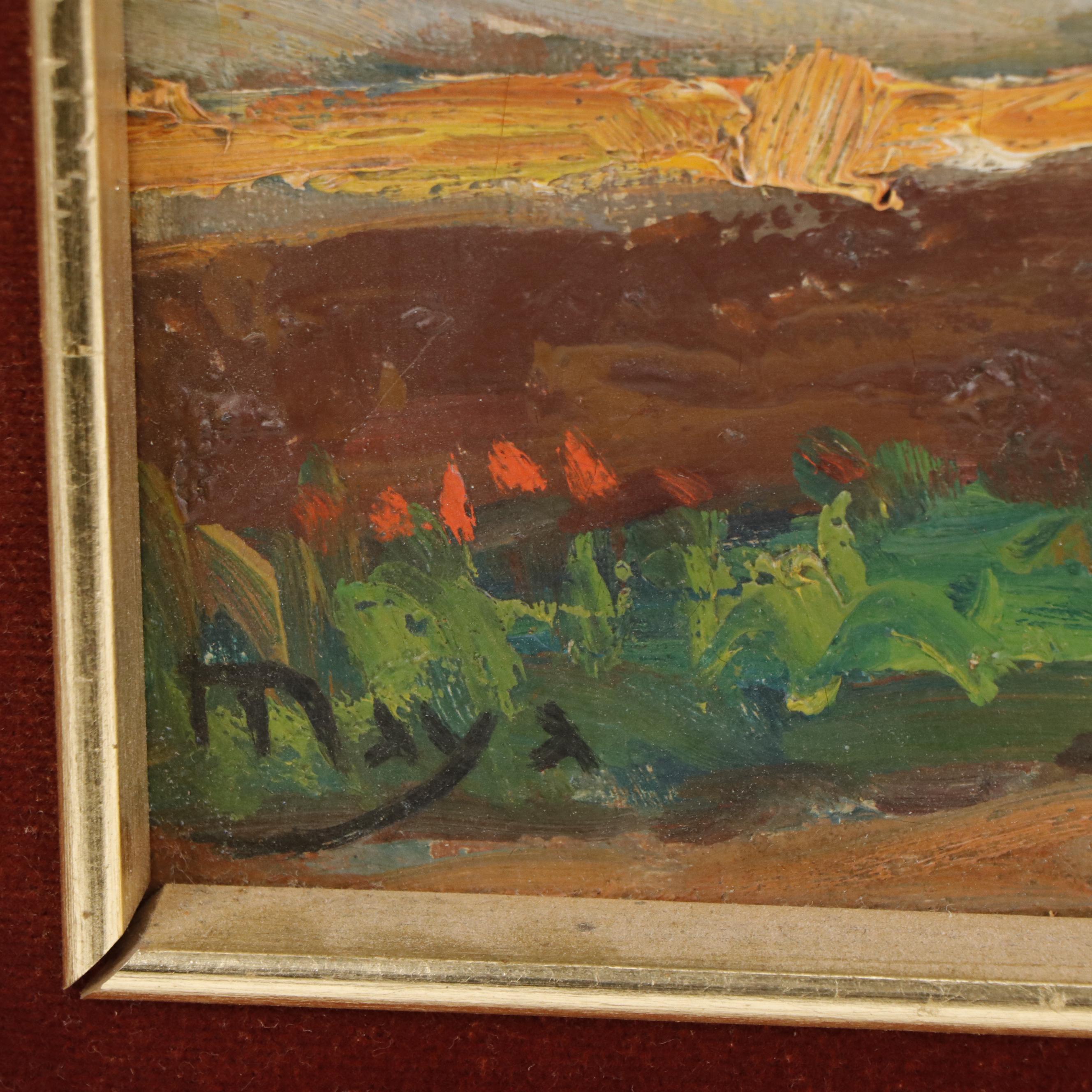 Maya Landscape Oil Painting of Distant Mountains and Figures, Circa 1980