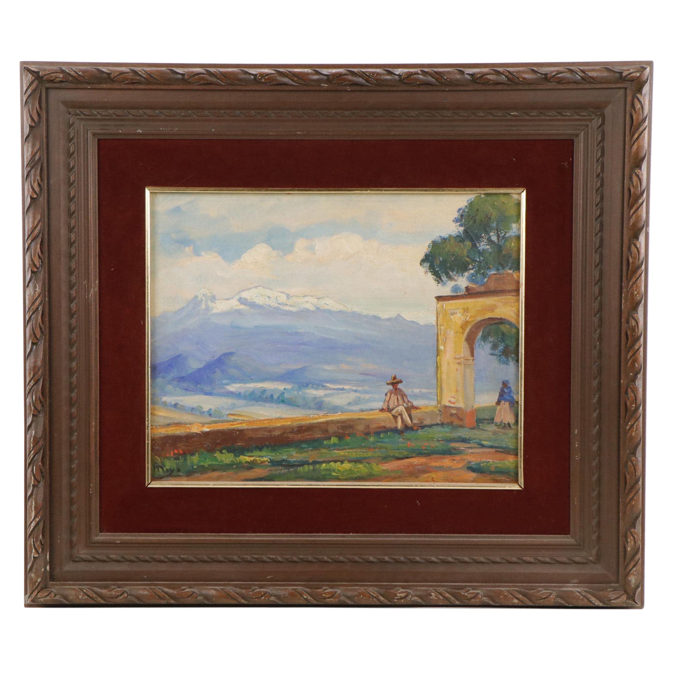 Maya Landscape Oil Painting of Distant Mountains and Figures, Circa 1980