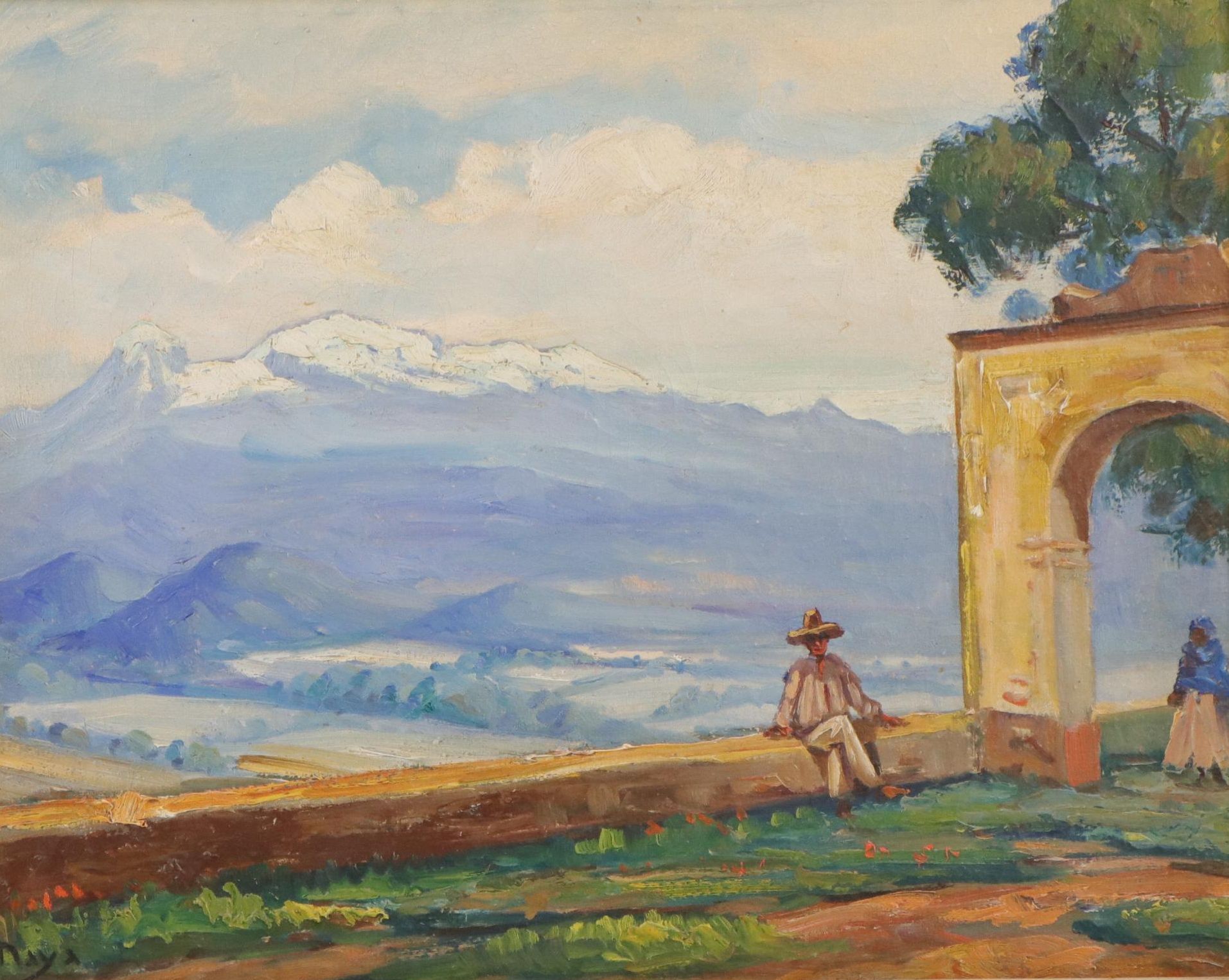 Maya Landscape Oil Painting of Distant Mountains and Figures, Circa 1980