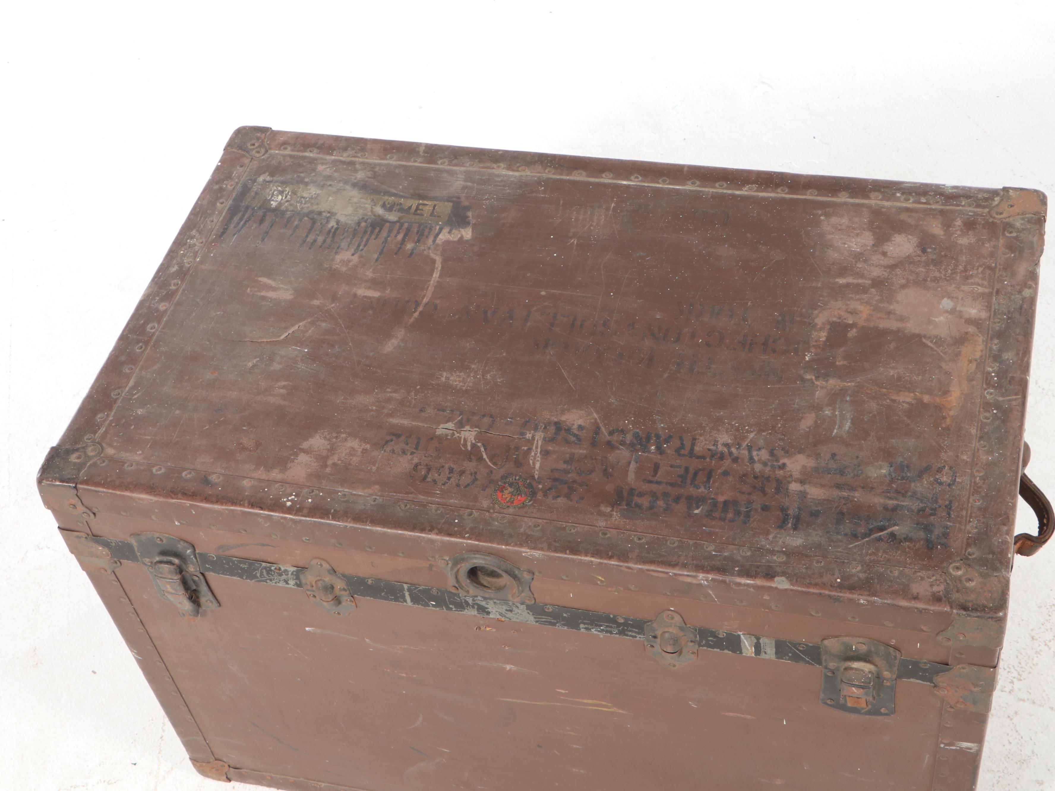 Painted Metal Trunk with US Military Stenciled Address, Mid to Late 20th Century