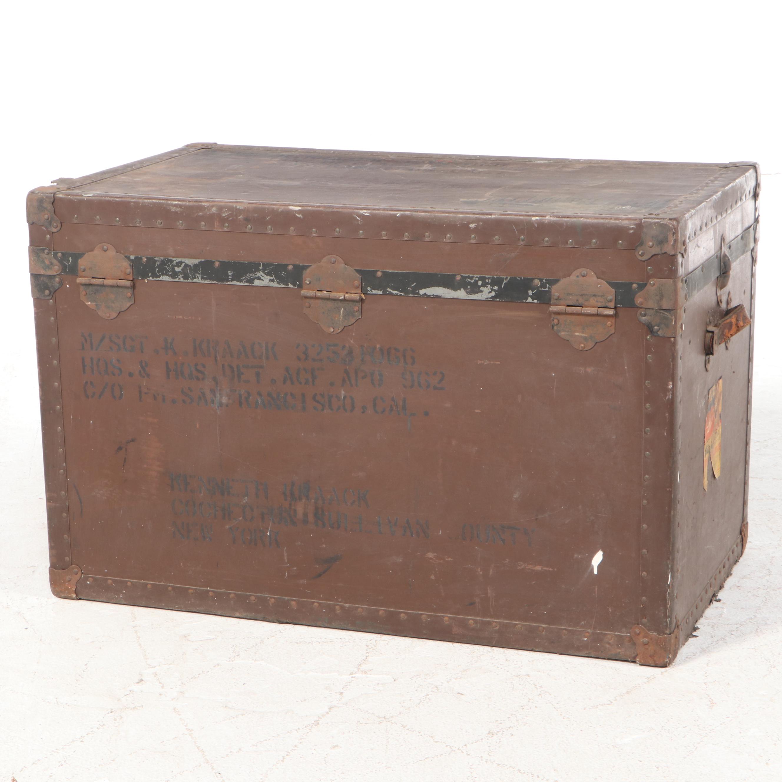 Painted Metal Trunk with US Military Stenciled Address, Mid to Late 20th Century
