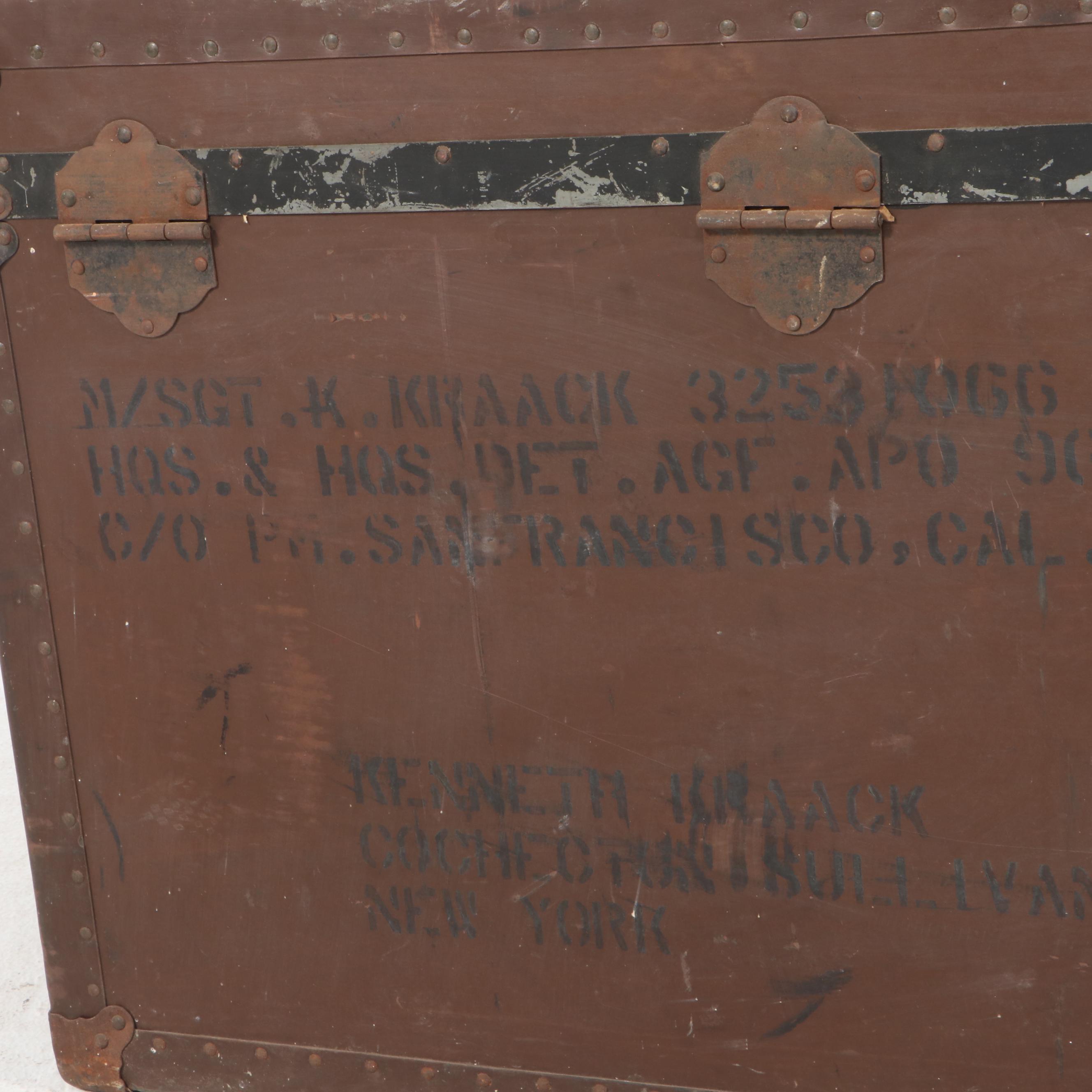 Painted Metal Trunk with US Military Stenciled Address, Mid to Late 20th Century