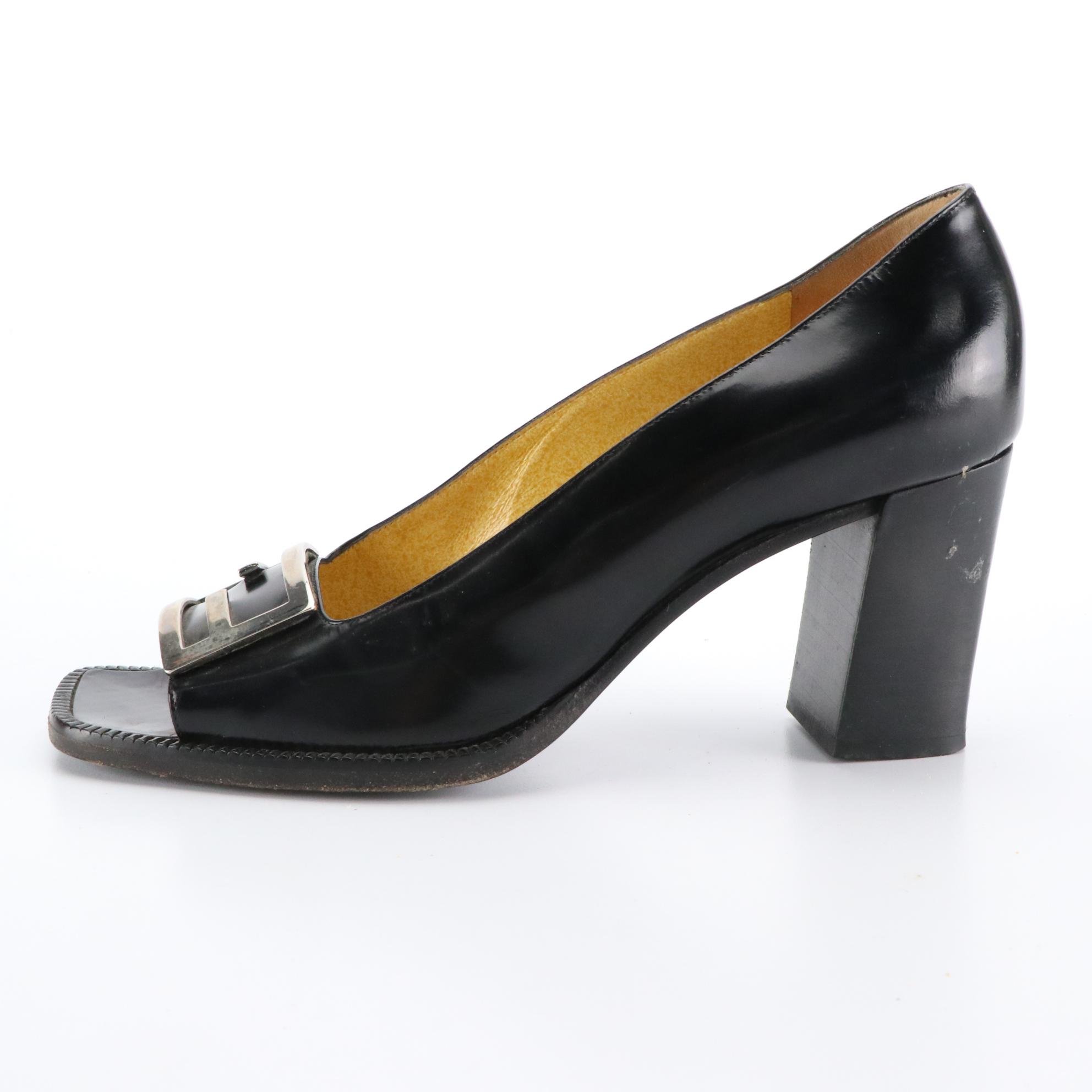 Fendi FF Logo Black Leather Open-Toe Block Heel Shoes, Circa 1990