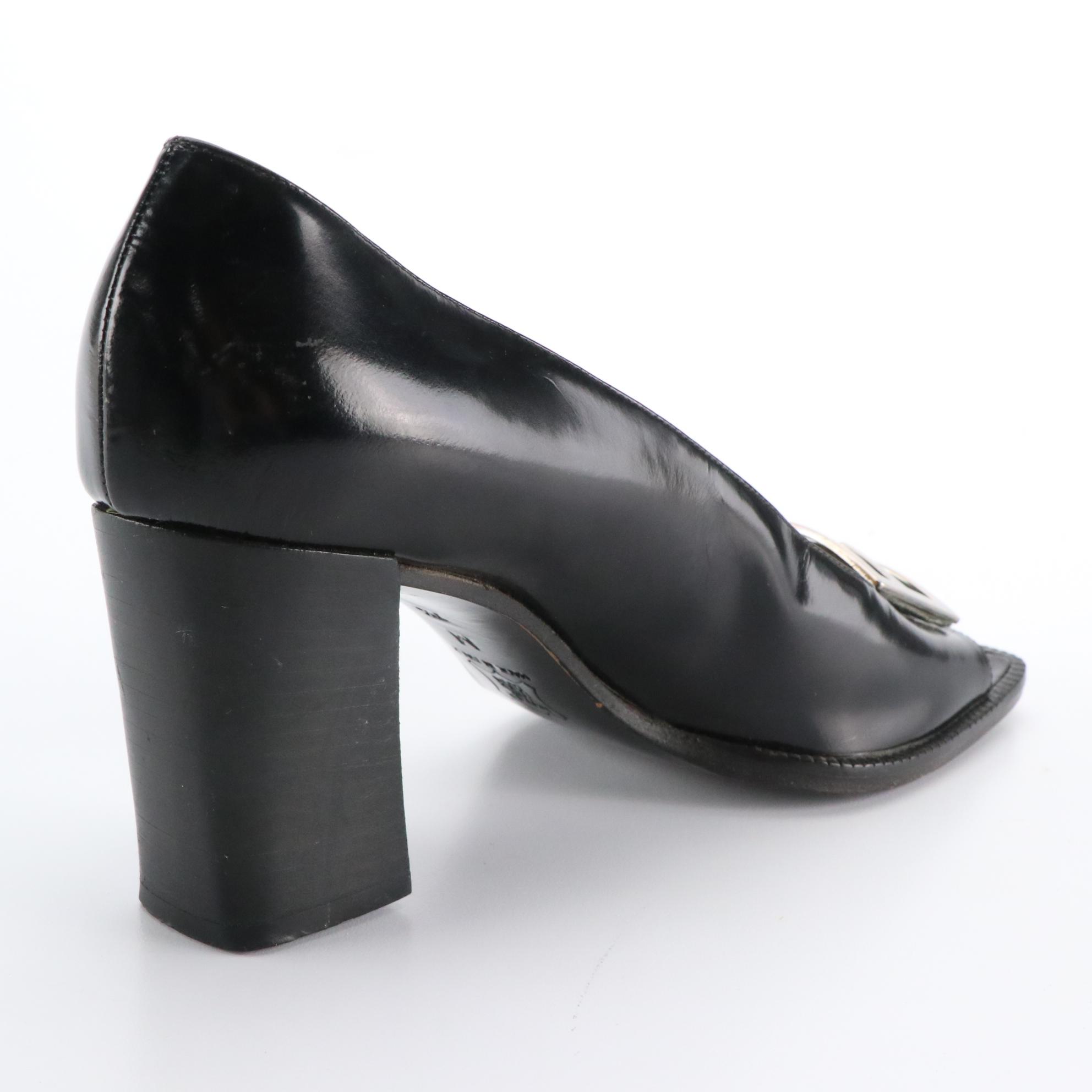 Fendi FF Logo Black Leather Open-Toe Block Heel Shoes, Circa 1990