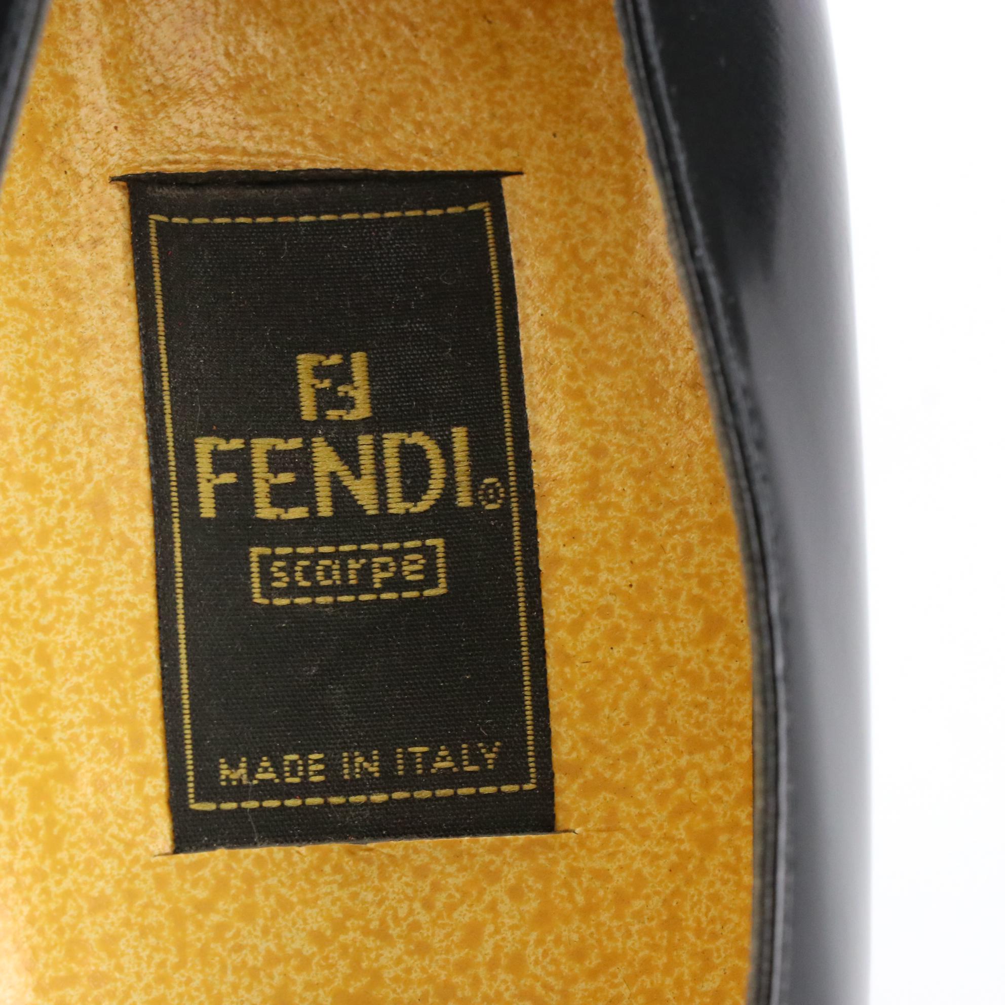 Fendi FF Logo Black Leather Open-Toe Block Heel Shoes, Circa 1990