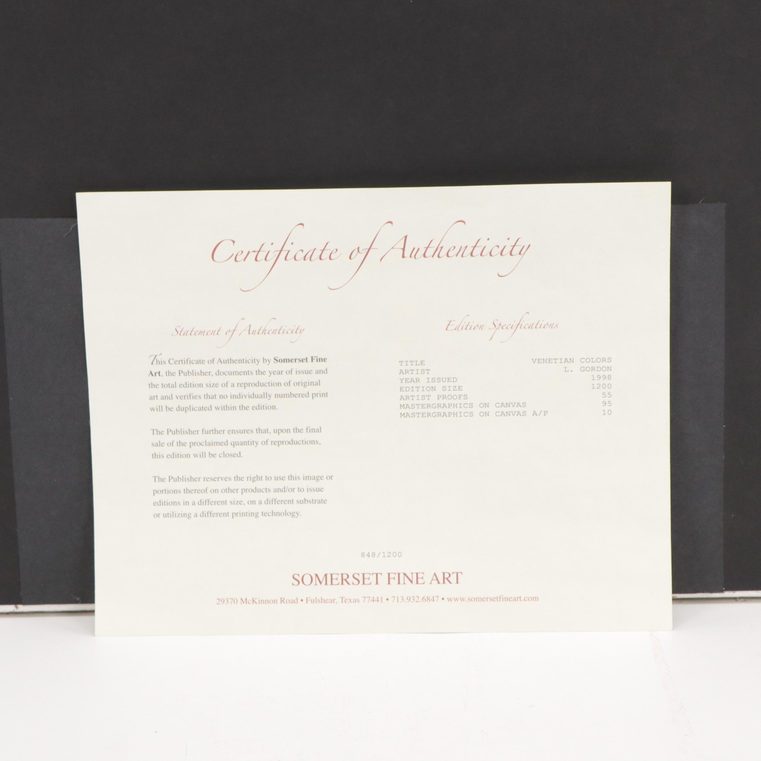 L. Gordon Offset Lithograph "Venetian Colors," 1998