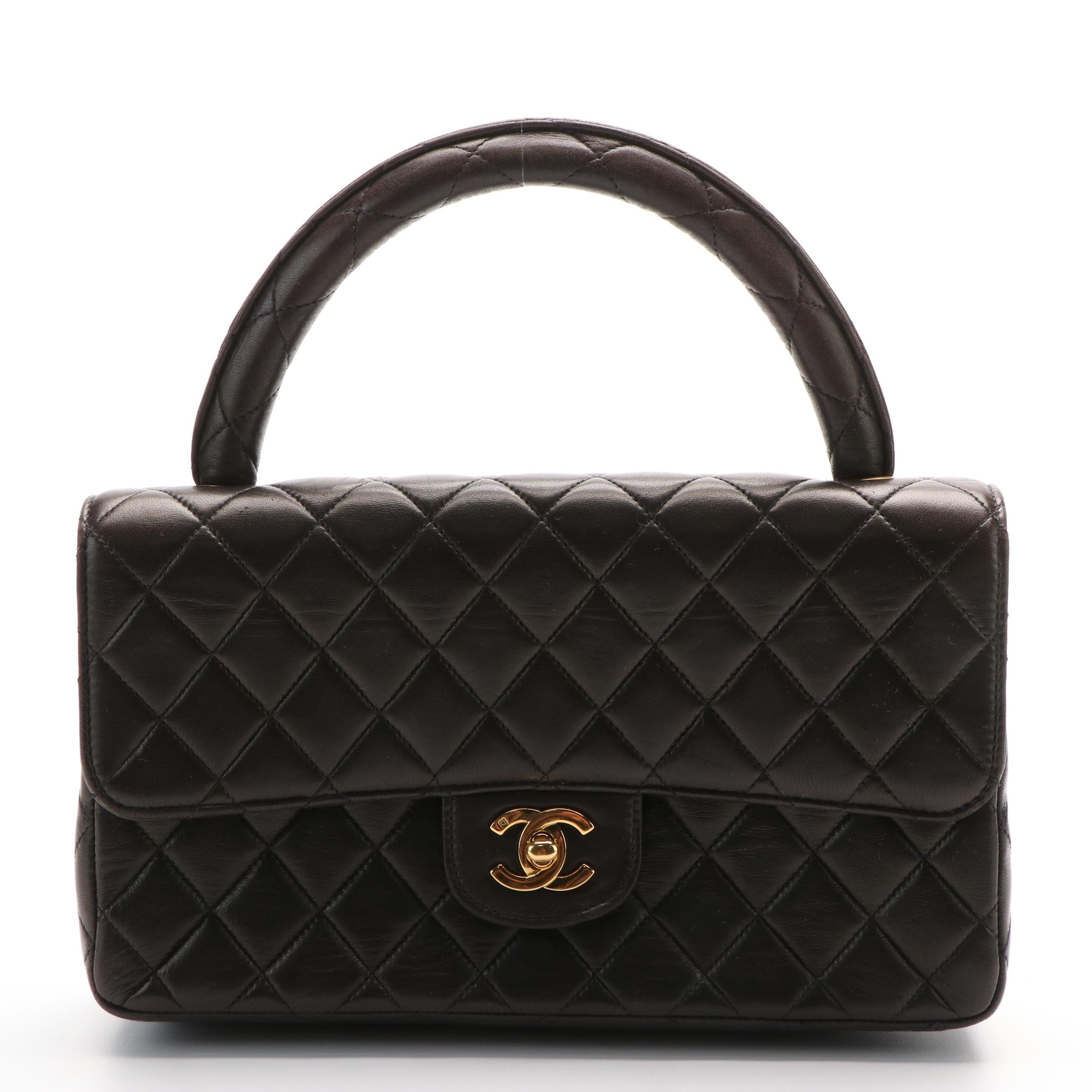 Chanel Vintage Brown Quilted Lambskin Top Handle Medium Flap Bag