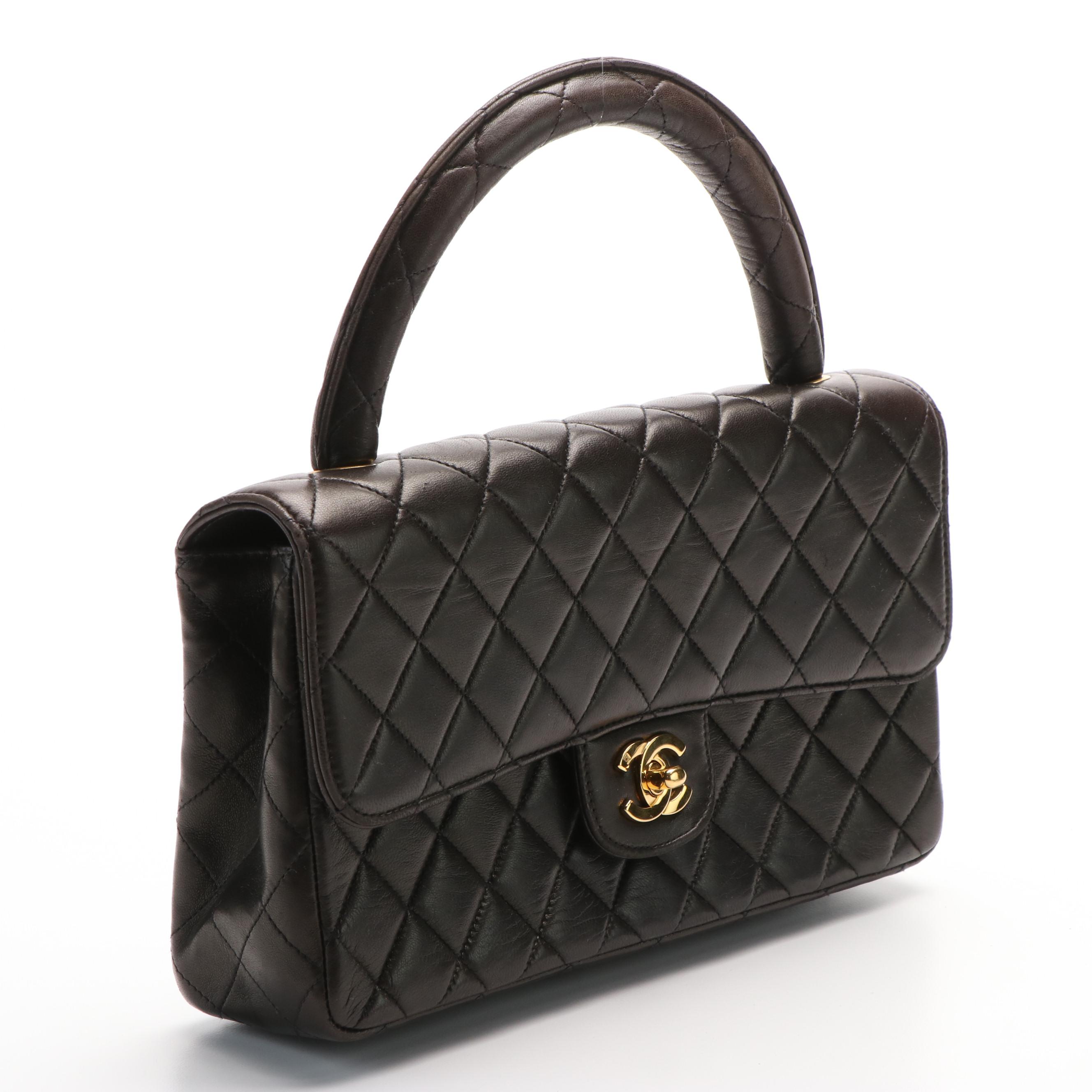 Chanel Vintage Brown Quilted Lambskin Top Handle Medium Flap Bag