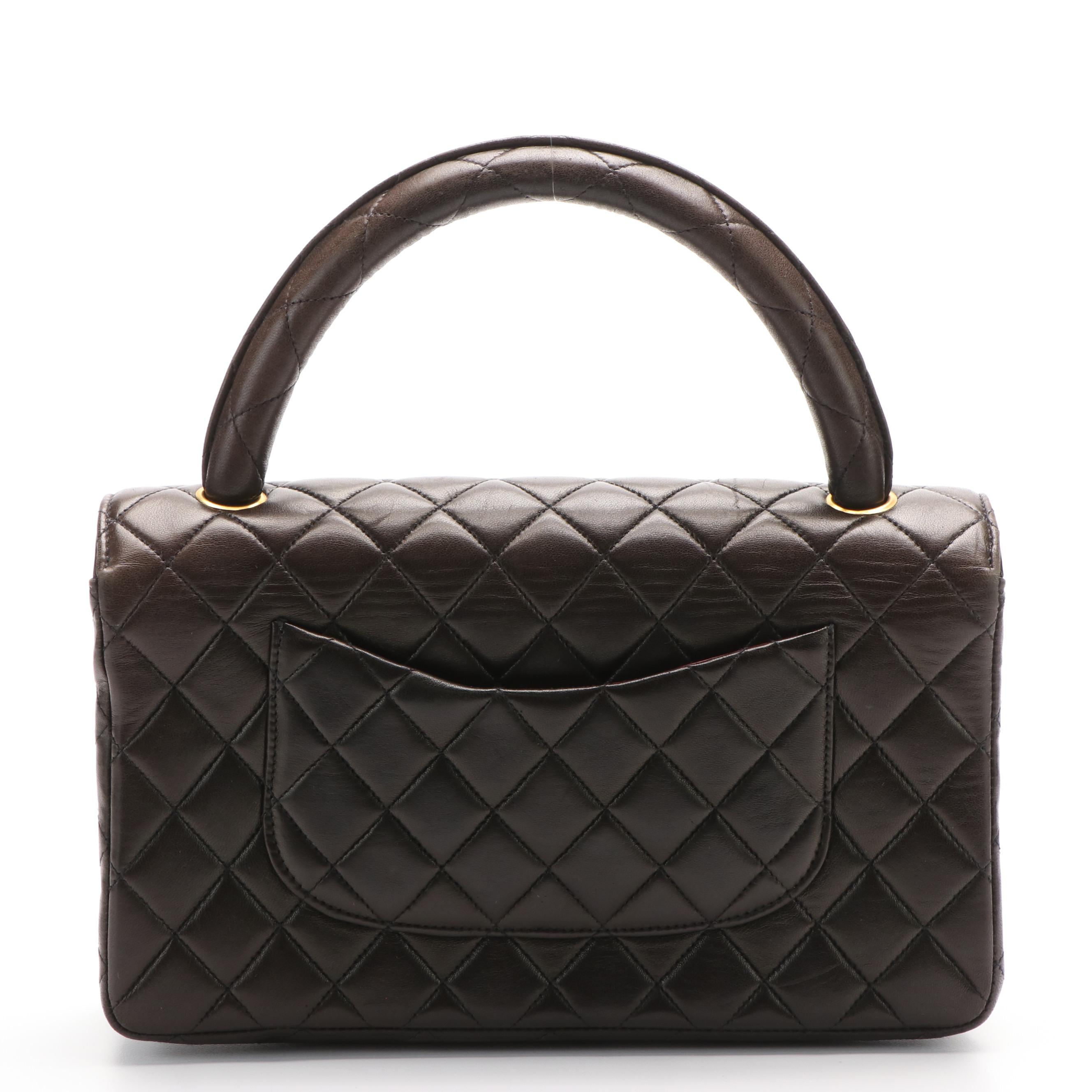 Chanel Vintage Brown Quilted Lambskin Top Handle Medium Flap Bag
