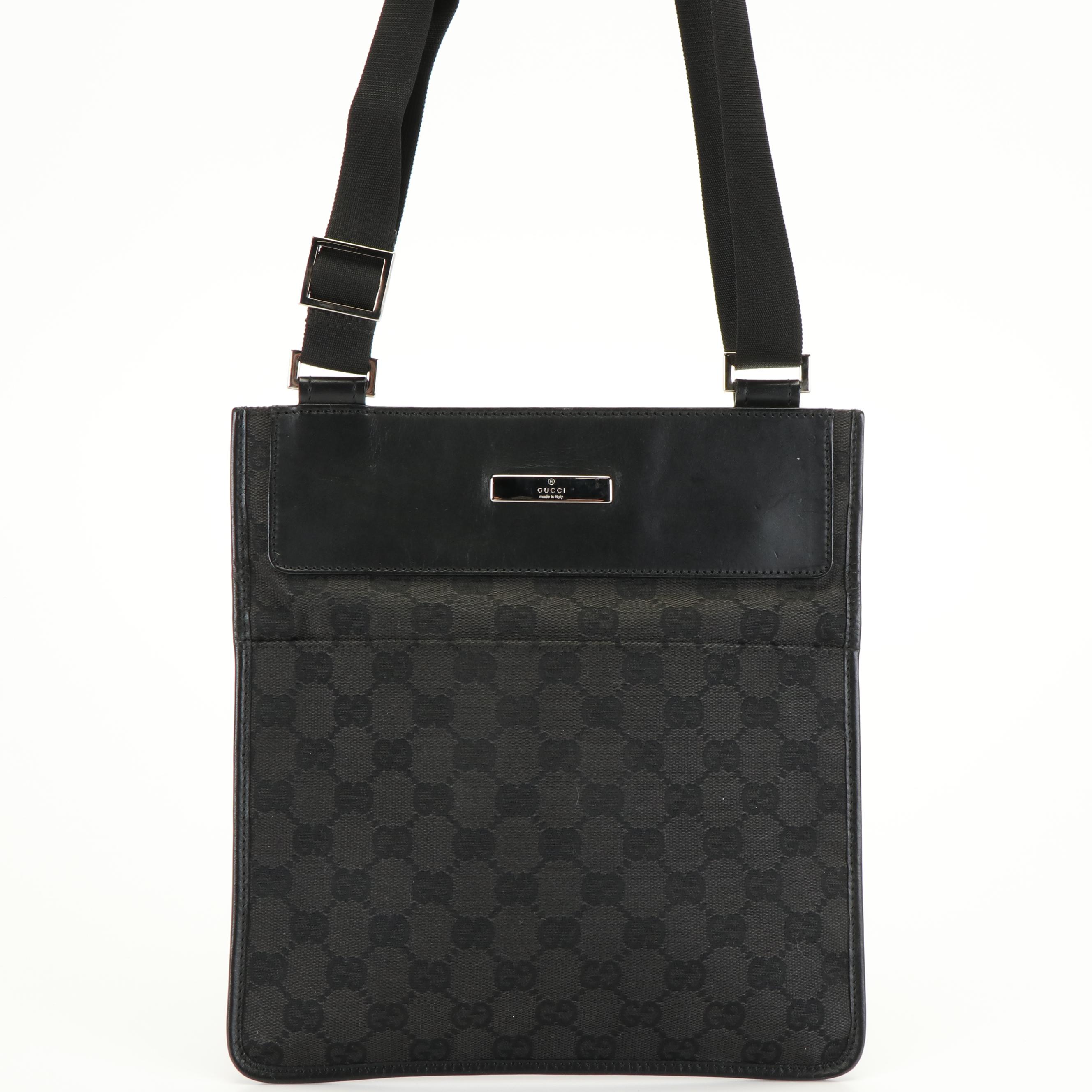 Gucci Black GG Canvas Leather-Trimmed Flat Crossbody Bag