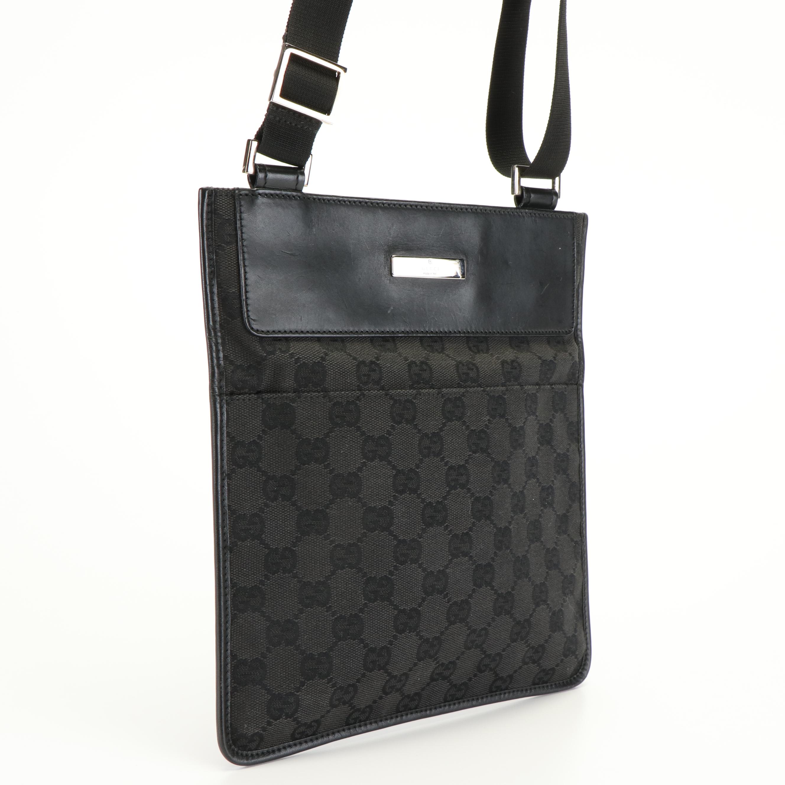 Gucci Black GG Canvas Leather-Trimmed Flat Crossbody Bag
