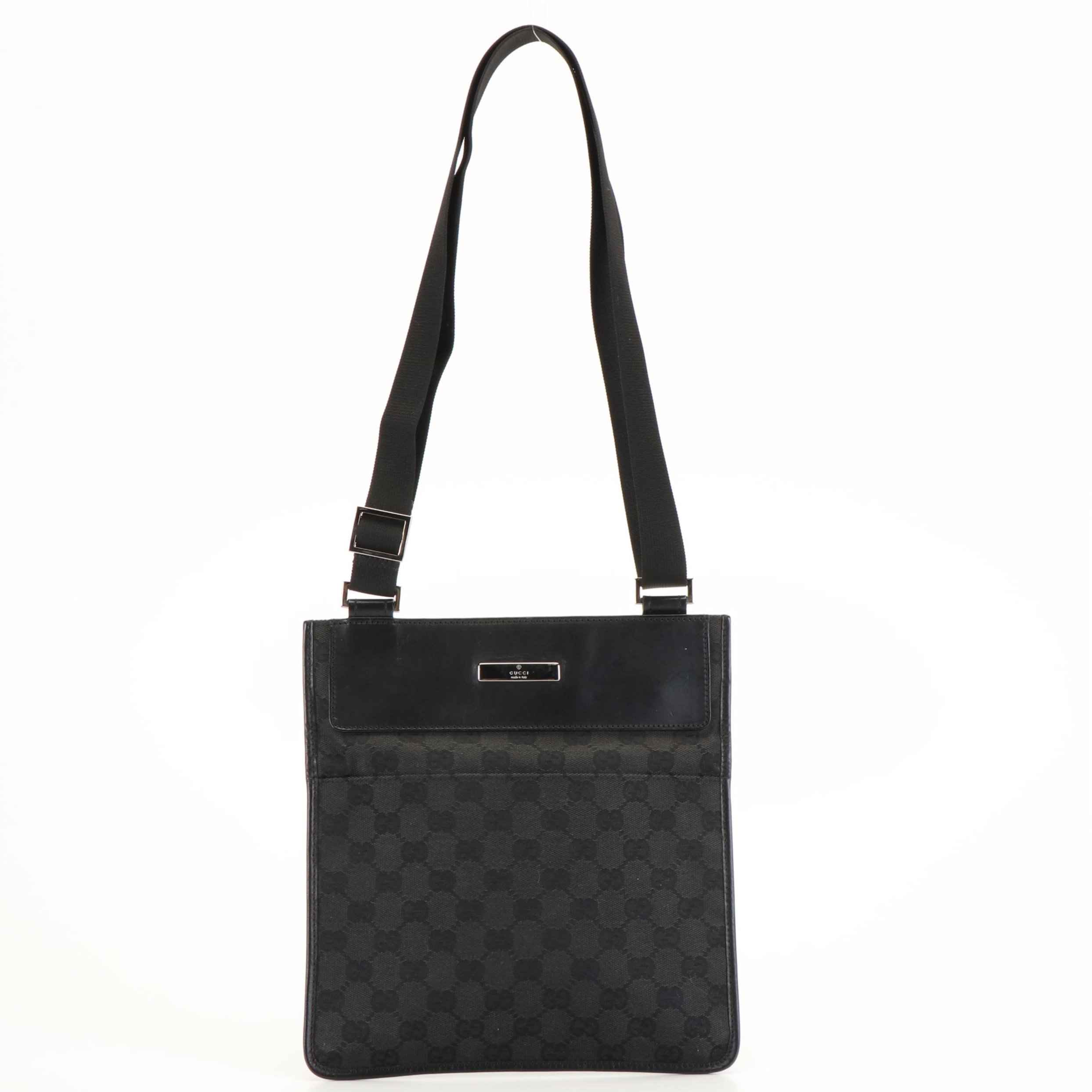Gucci Black GG Canvas Leather-Trimmed Flat Crossbody Bag