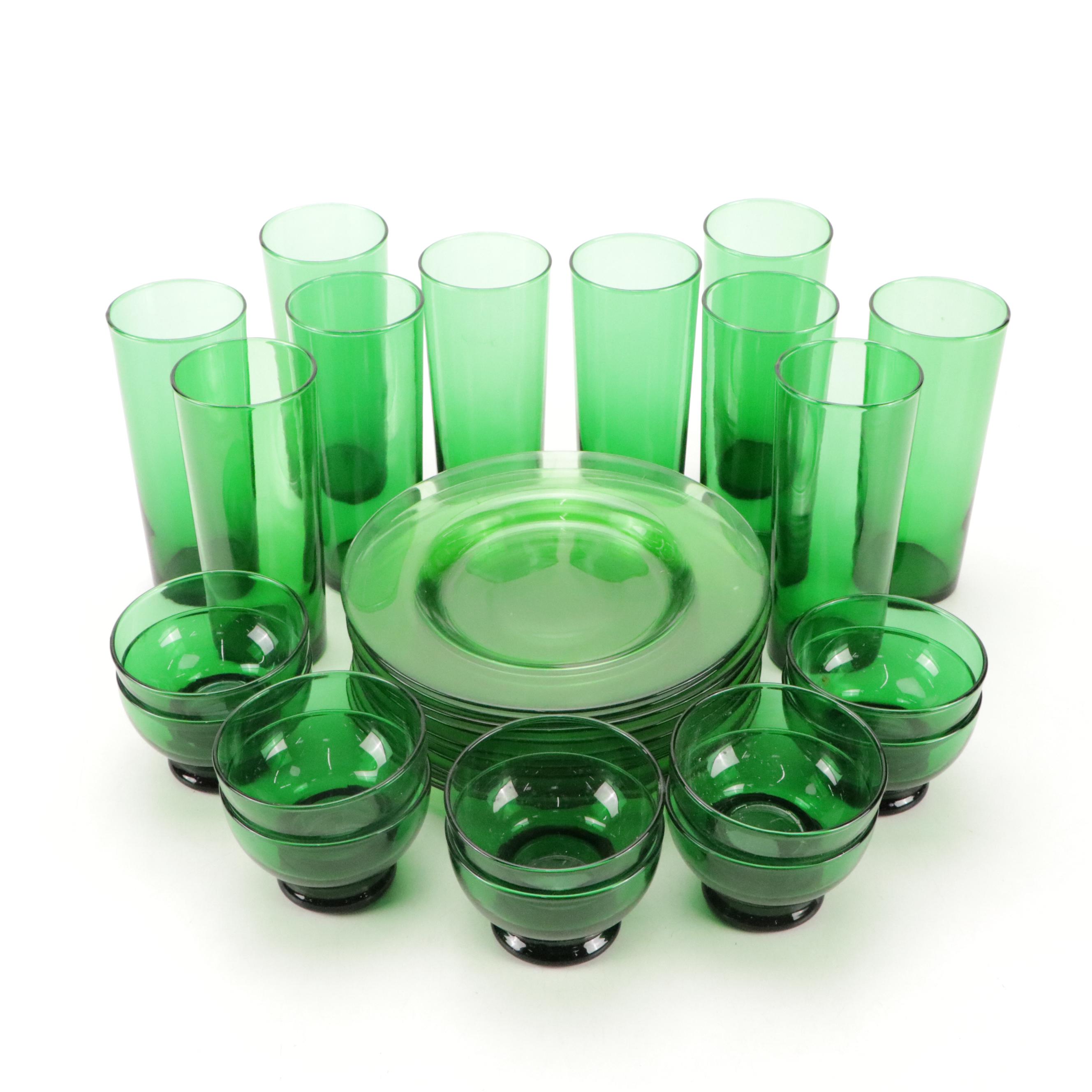 Anchor Hocking Green Glass Luncheon Plates with Tumblers and Glasses