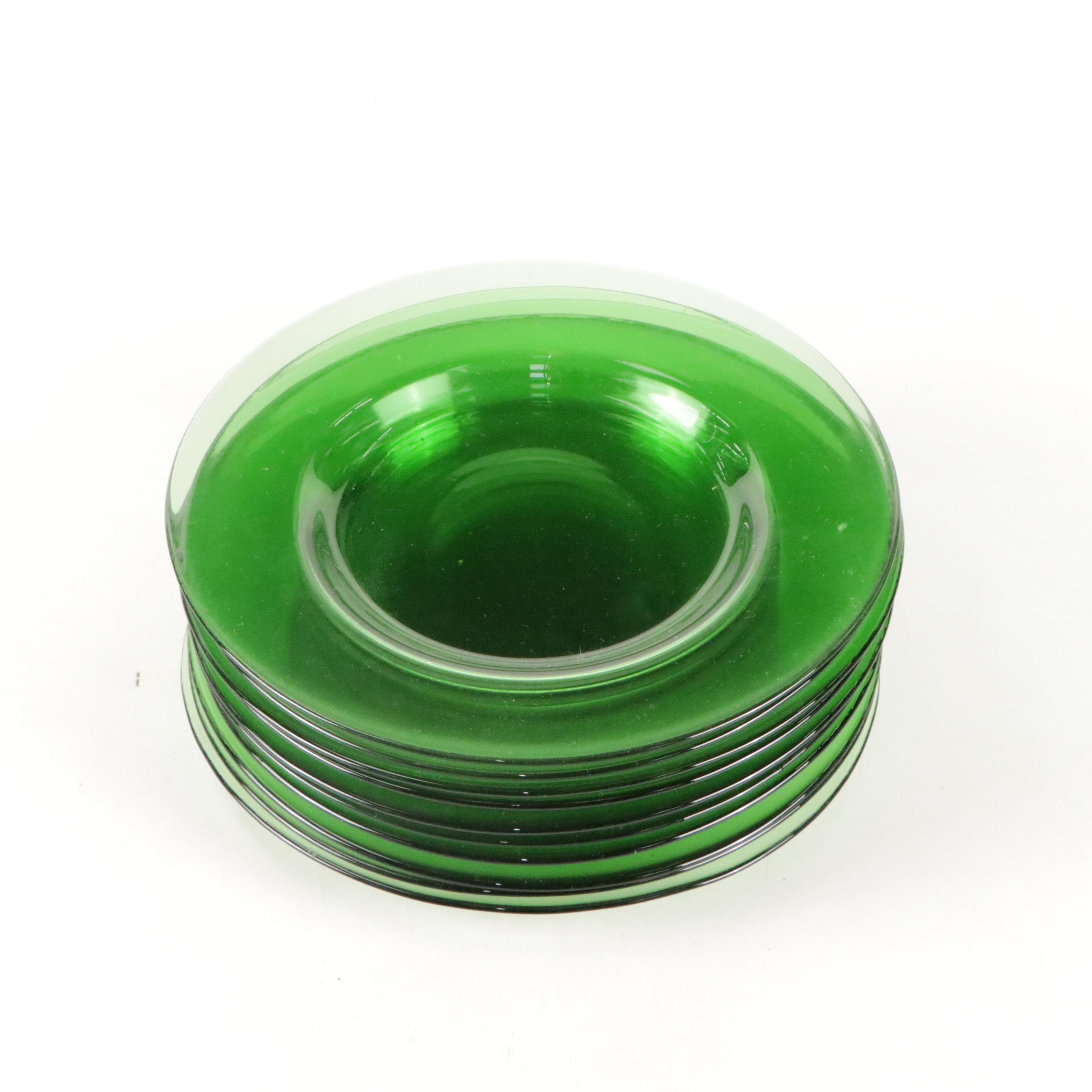 Anchor Hocking Green Glass Luncheon Plates with Tumblers and Glasses