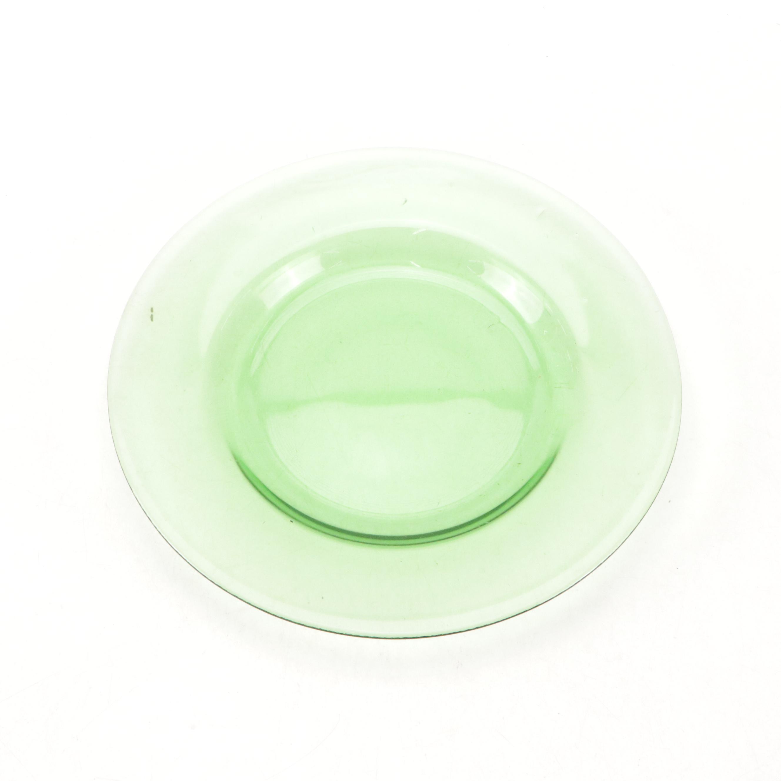 Anchor Hocking Green Glass Luncheon Plates with Tumblers and Glasses