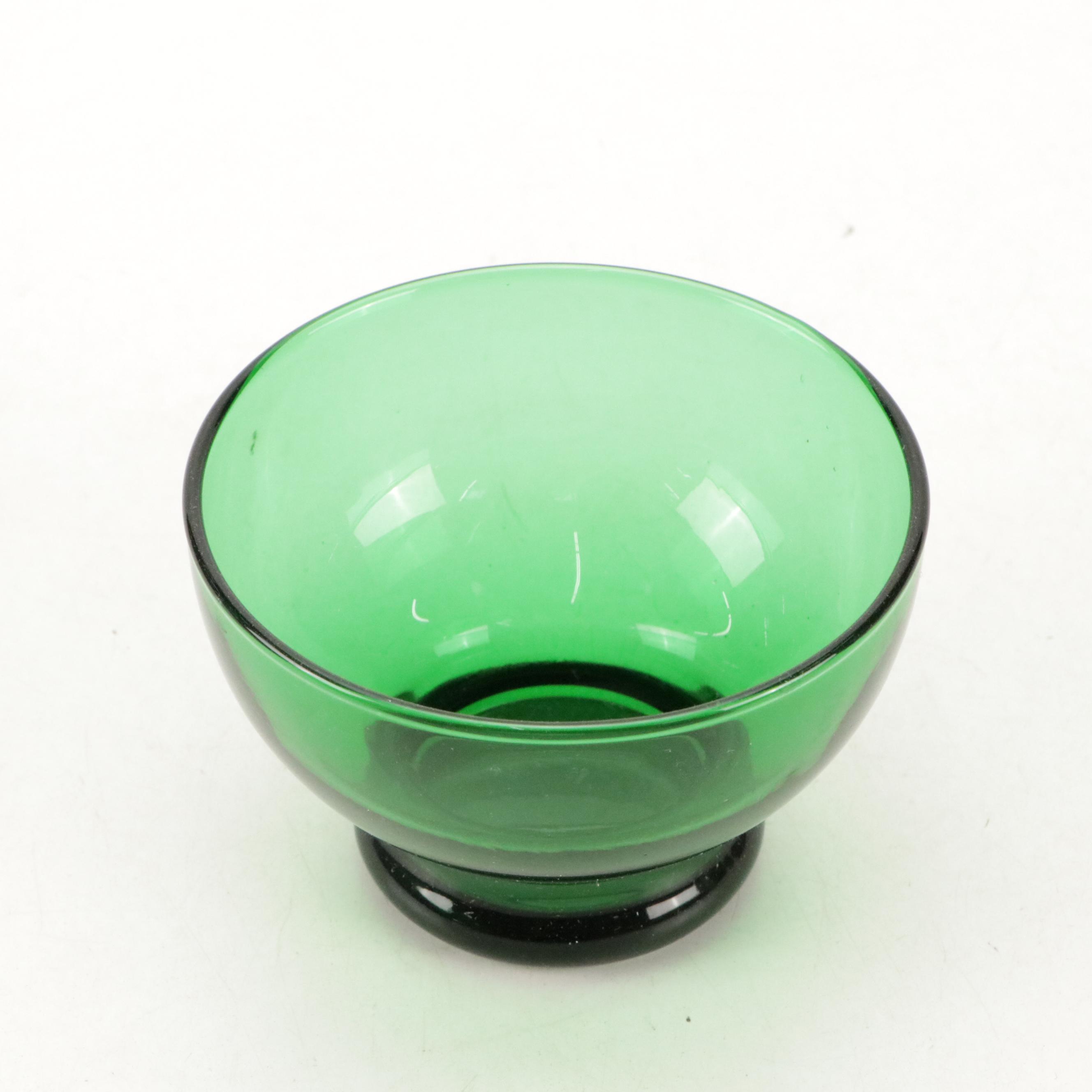 Anchor Hocking Green Glass Luncheon Plates with Tumblers and Glasses