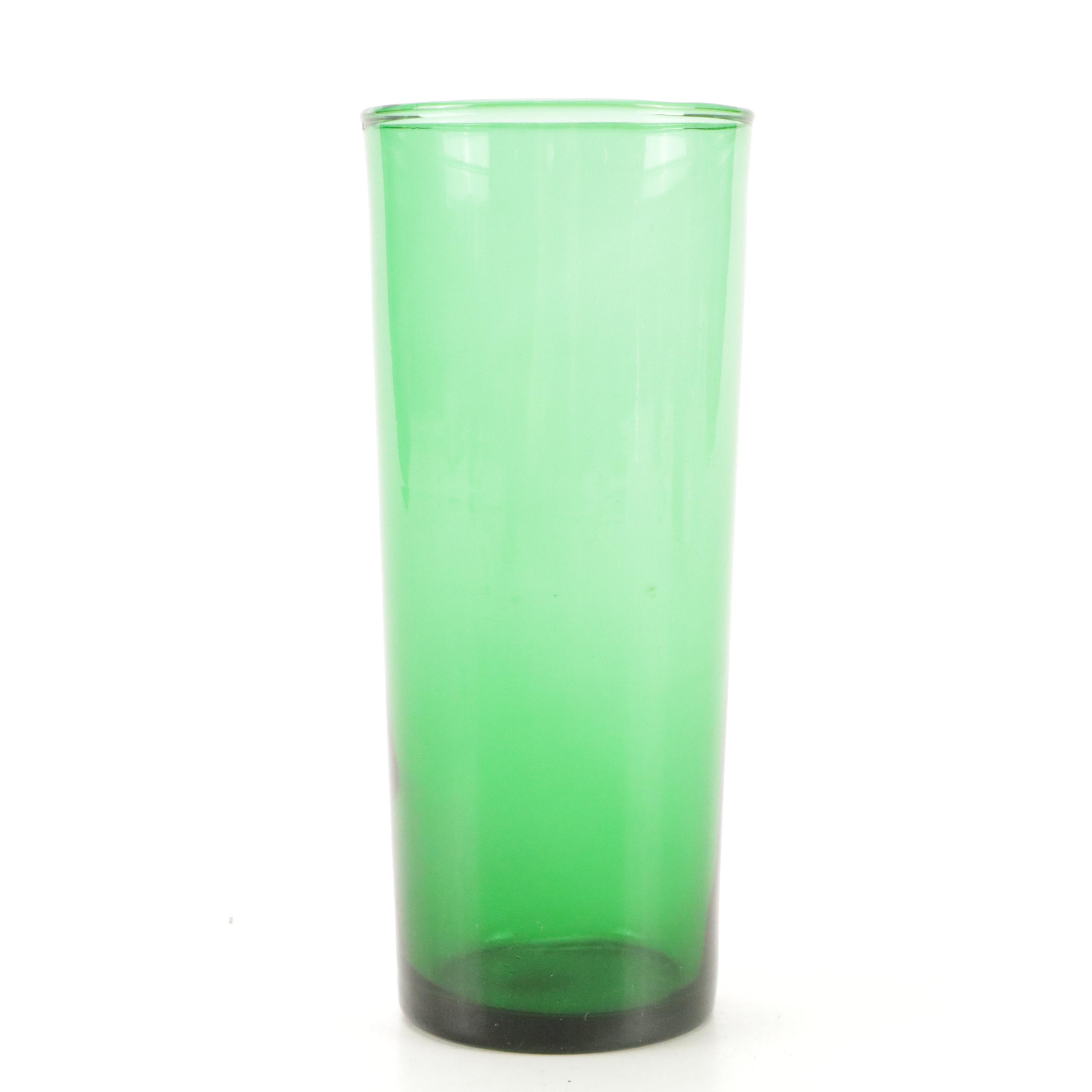 Anchor Hocking Green Glass Luncheon Plates with Tumblers and Glasses