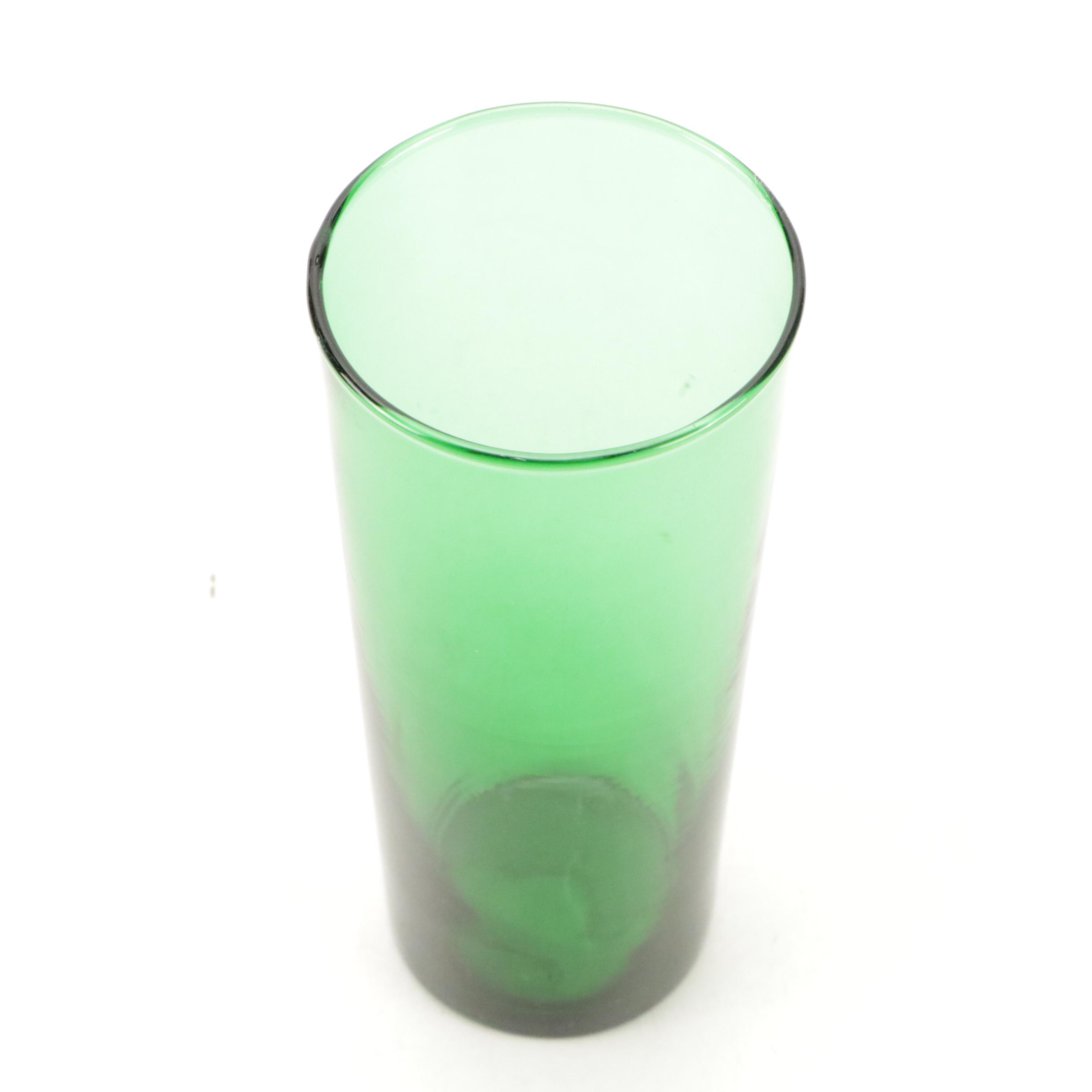 Anchor Hocking Green Glass Luncheon Plates with Tumblers and Glasses