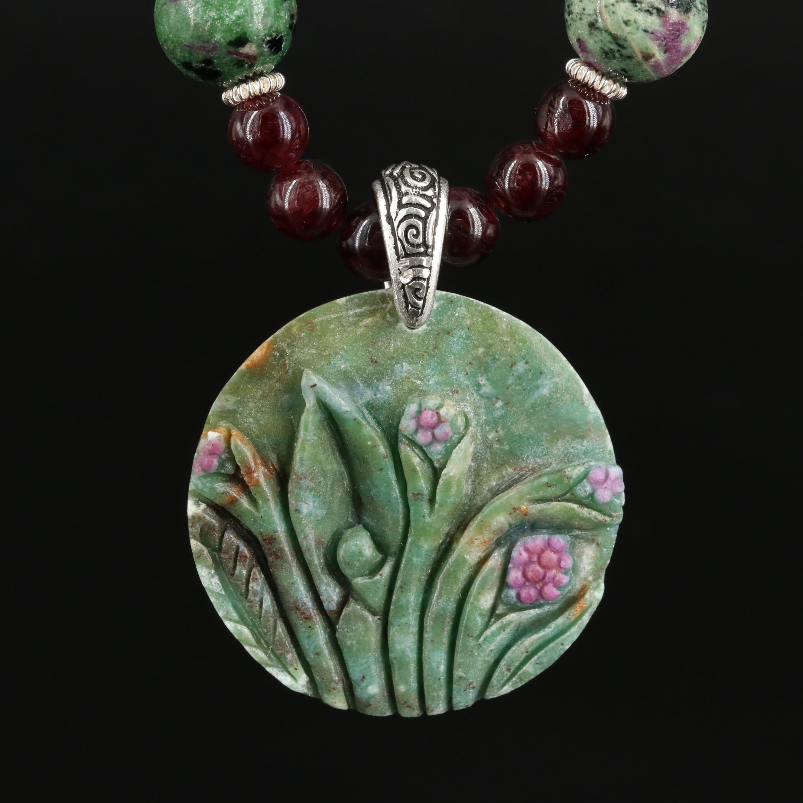 Artisan Assembled Carved Ruby in Zoisite with Garnet Necklace