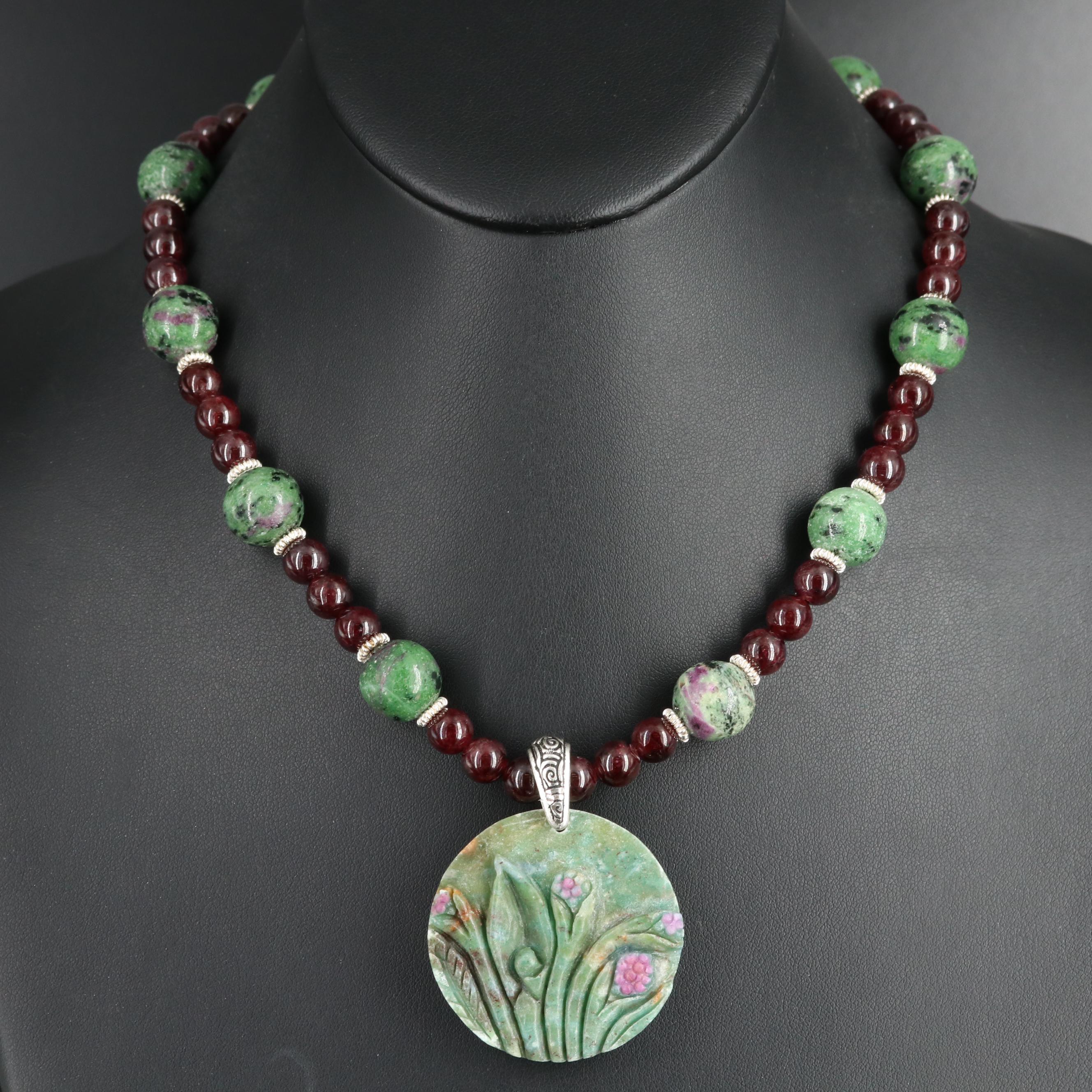 Artisan Assembled Carved Ruby in Zoisite with Garnet Necklace