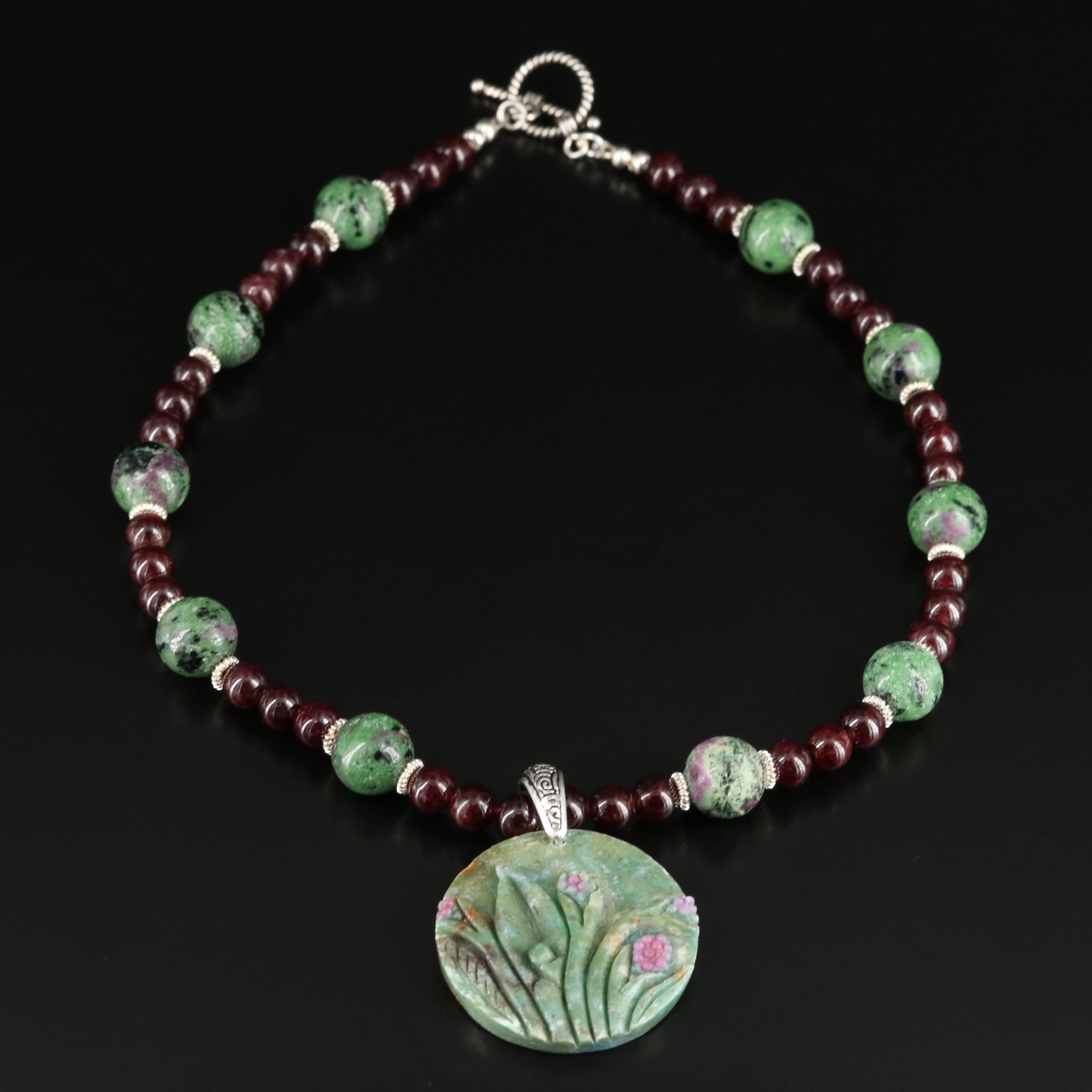 Artisan Assembled Carved Ruby in Zoisite with Garnet Necklace