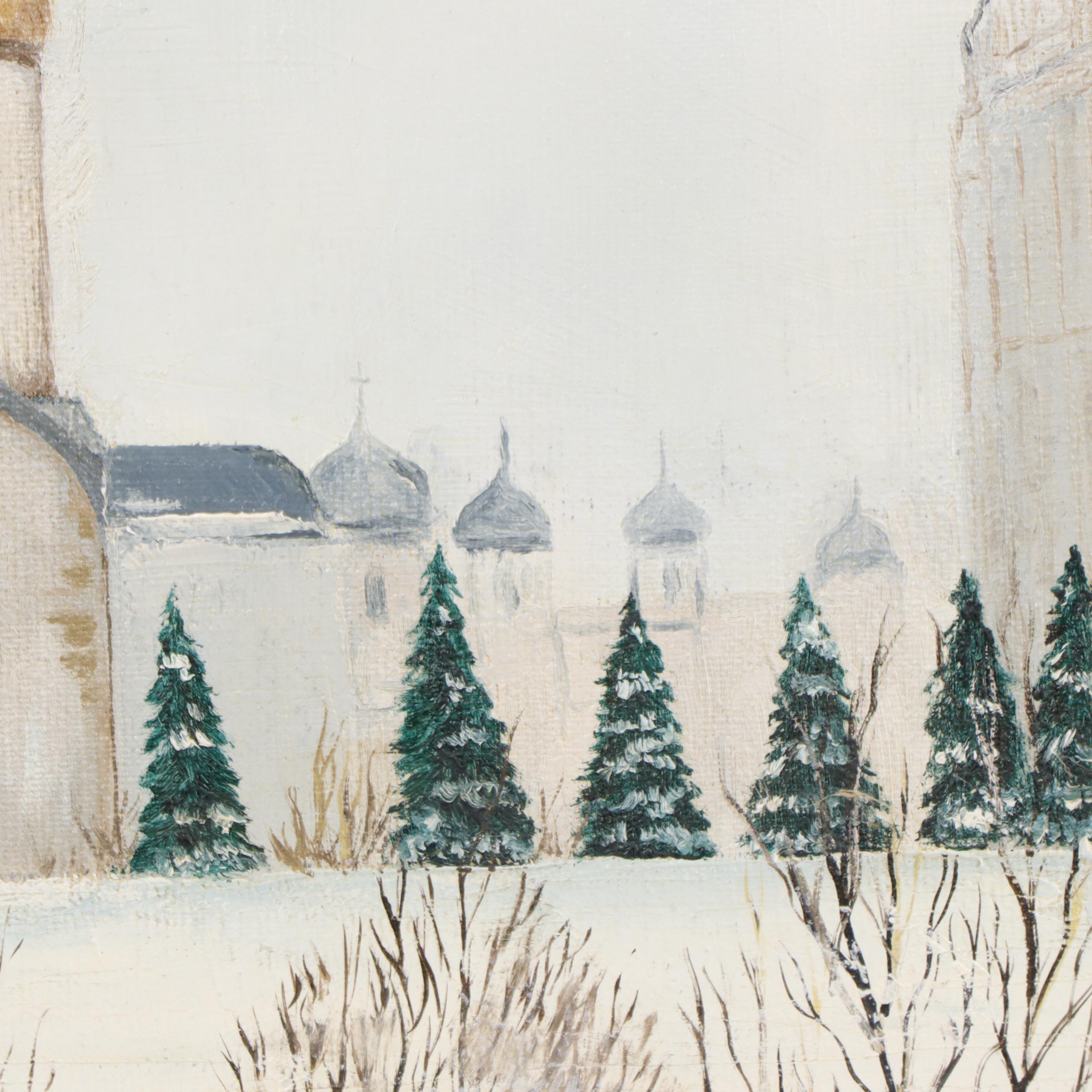 R. D. Smith Oil Painting of a Winter Scene with Russian Cathedrals, 1969