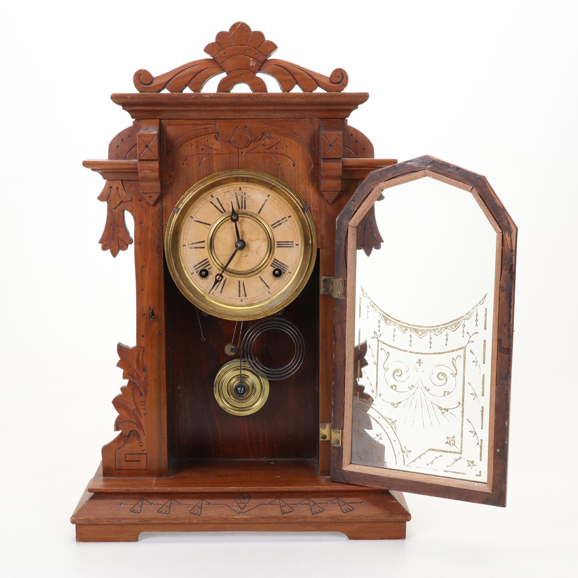 E. Ingraham & Co. Eastlake Style Oak Mantle Clock With Key, 19th Century