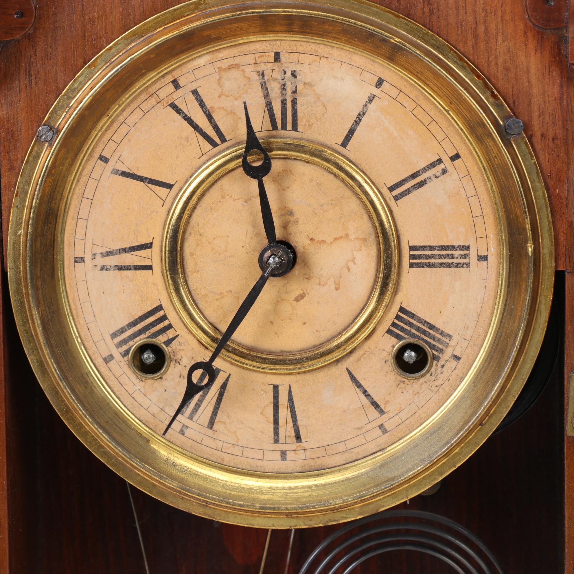 E. Ingraham & Co. Eastlake Style Oak Mantle Clock With Key, 19th Century