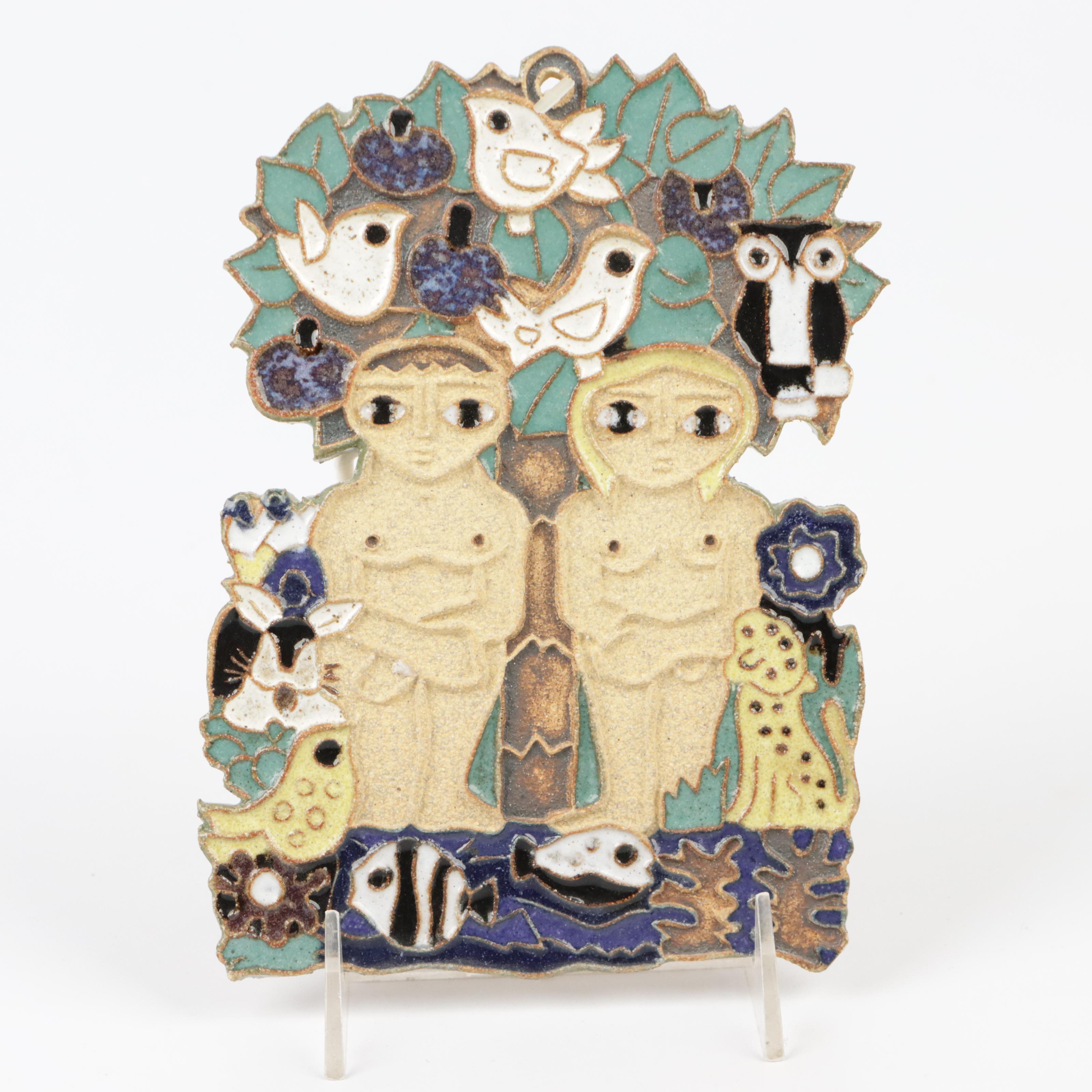Signed Ceramic Plaque of Adam and Eve, Handmade by Benedictine Monks