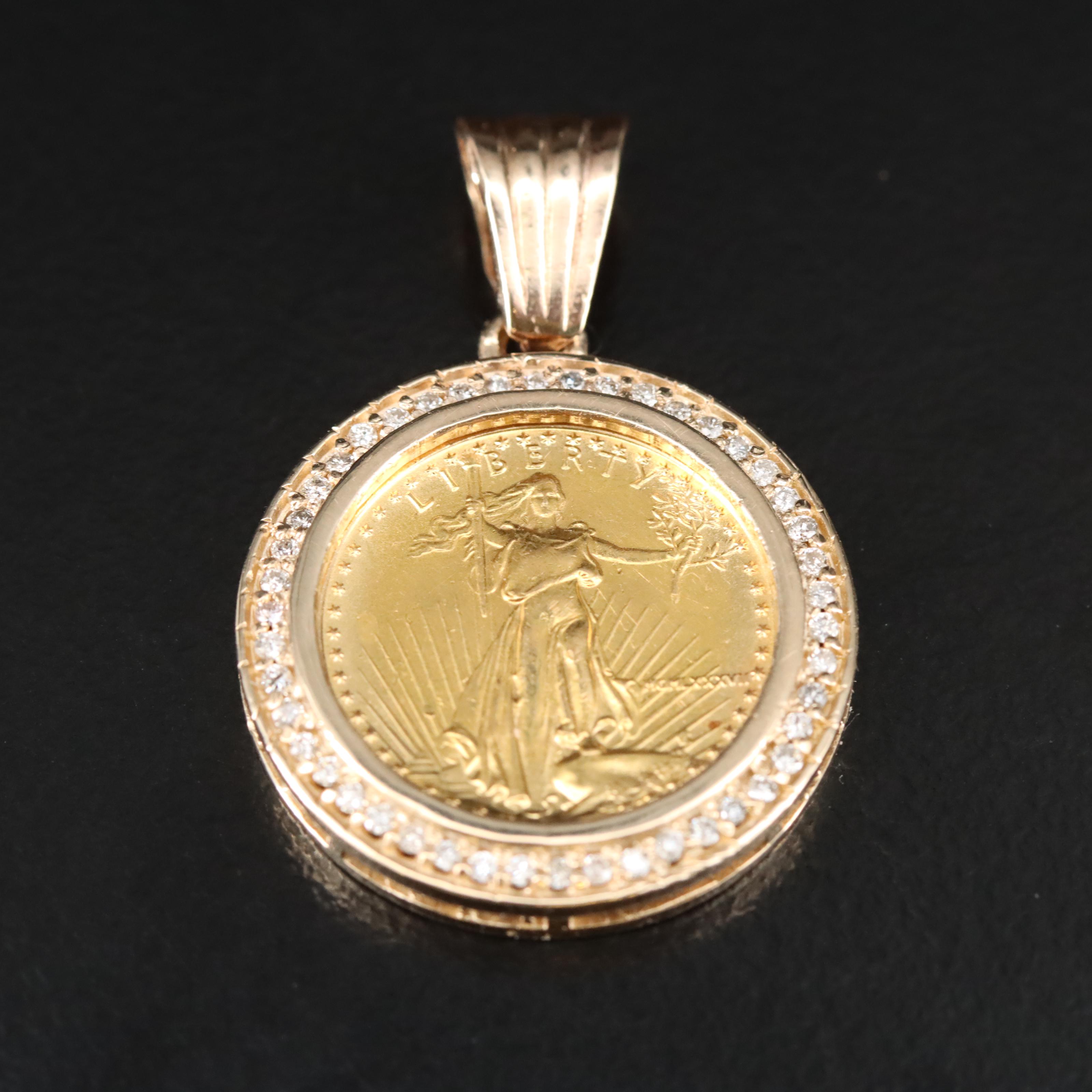14K 0.24 CTW Diamond Pendant with 1987 $5 Gold Eagle Bullion Coin