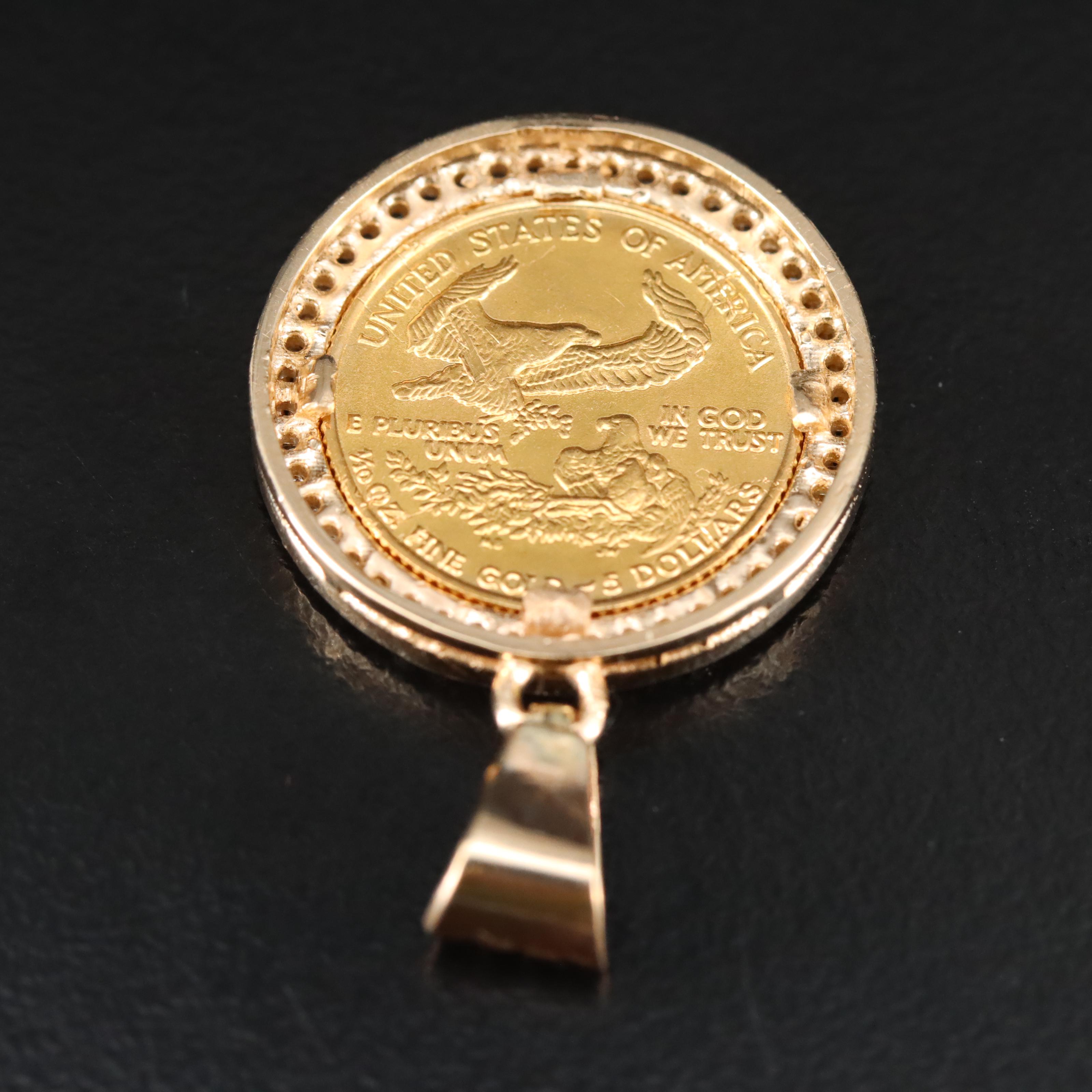 14K 0.24 CTW Diamond Pendant with 1987 $5 Gold Eagle Bullion Coin