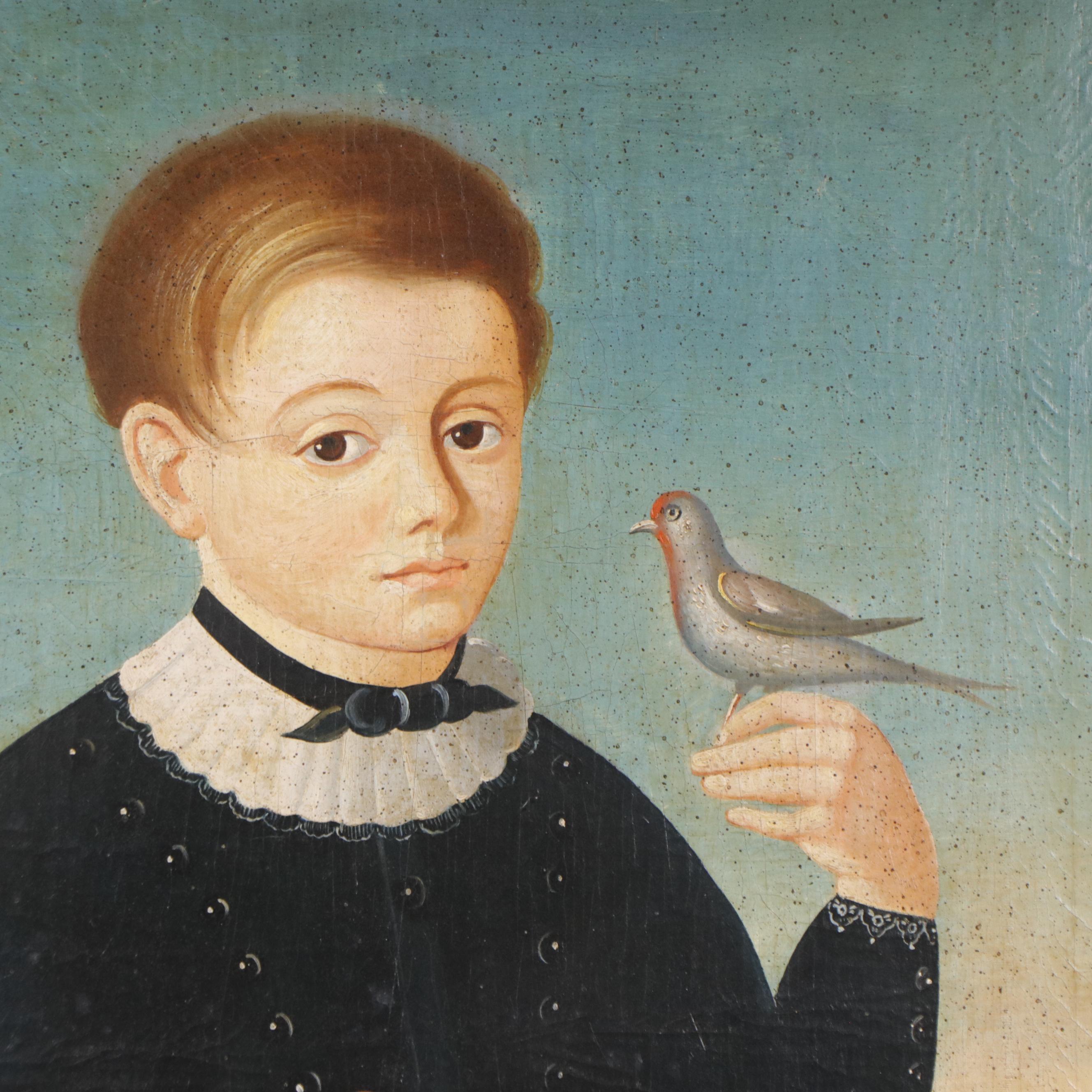 European School Folk Art Portrait of Boy With Bird, 19th or Early 20th Century