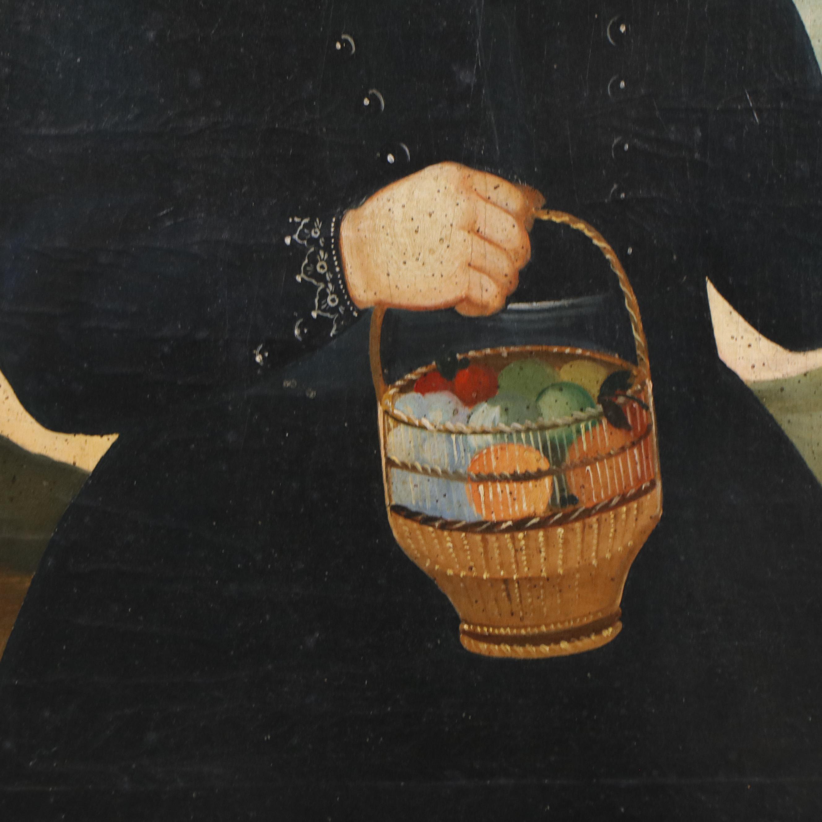 European School Folk Art Portrait of Boy With Bird, 19th or Early 20th Century