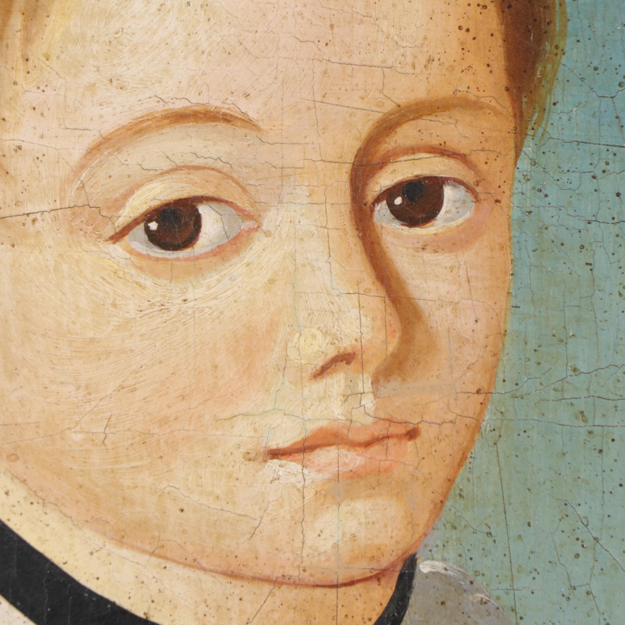 European School Folk Art Portrait of Boy With Bird, 19th or Early 20th Century