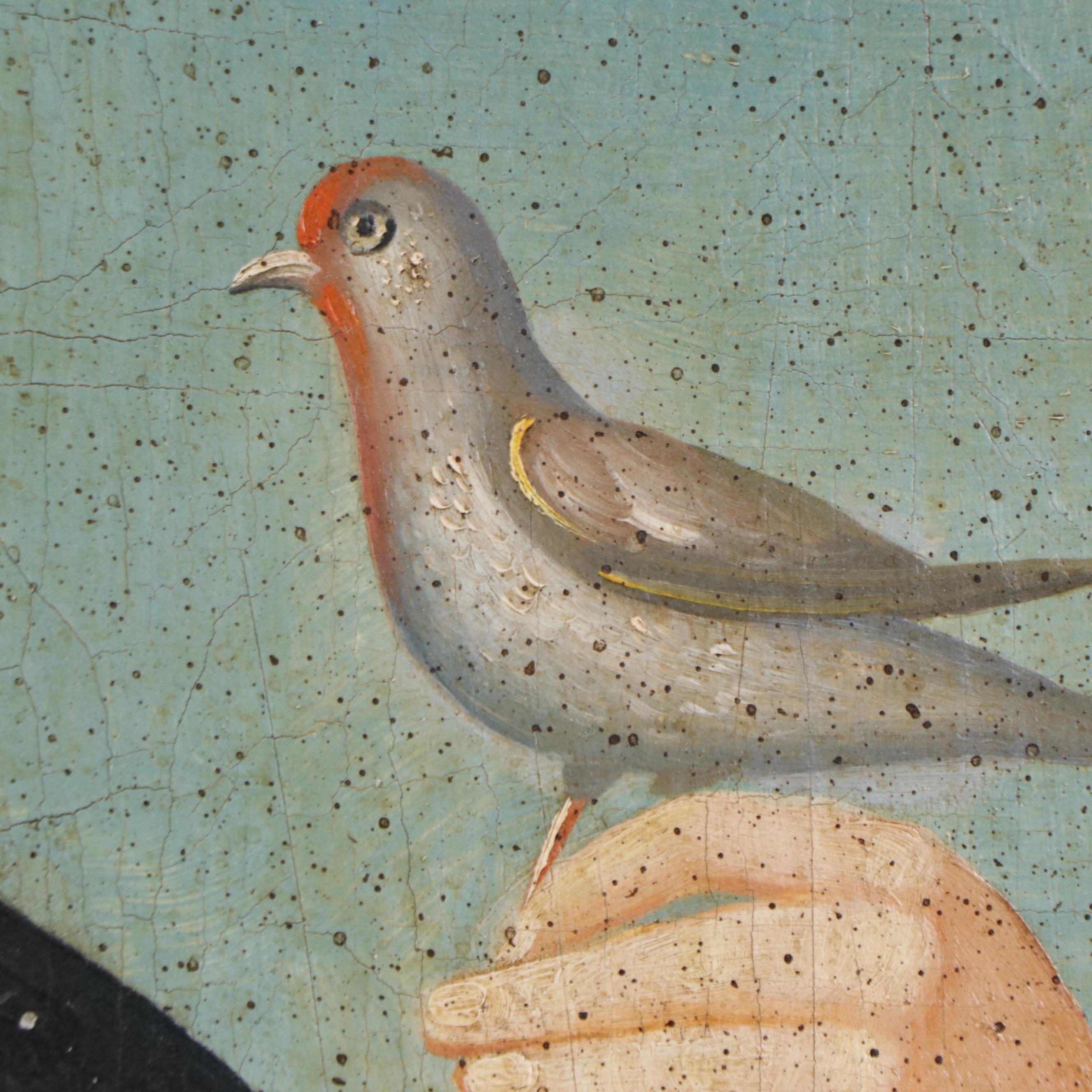 European School Folk Art Portrait of Boy With Bird, 19th or Early 20th Century