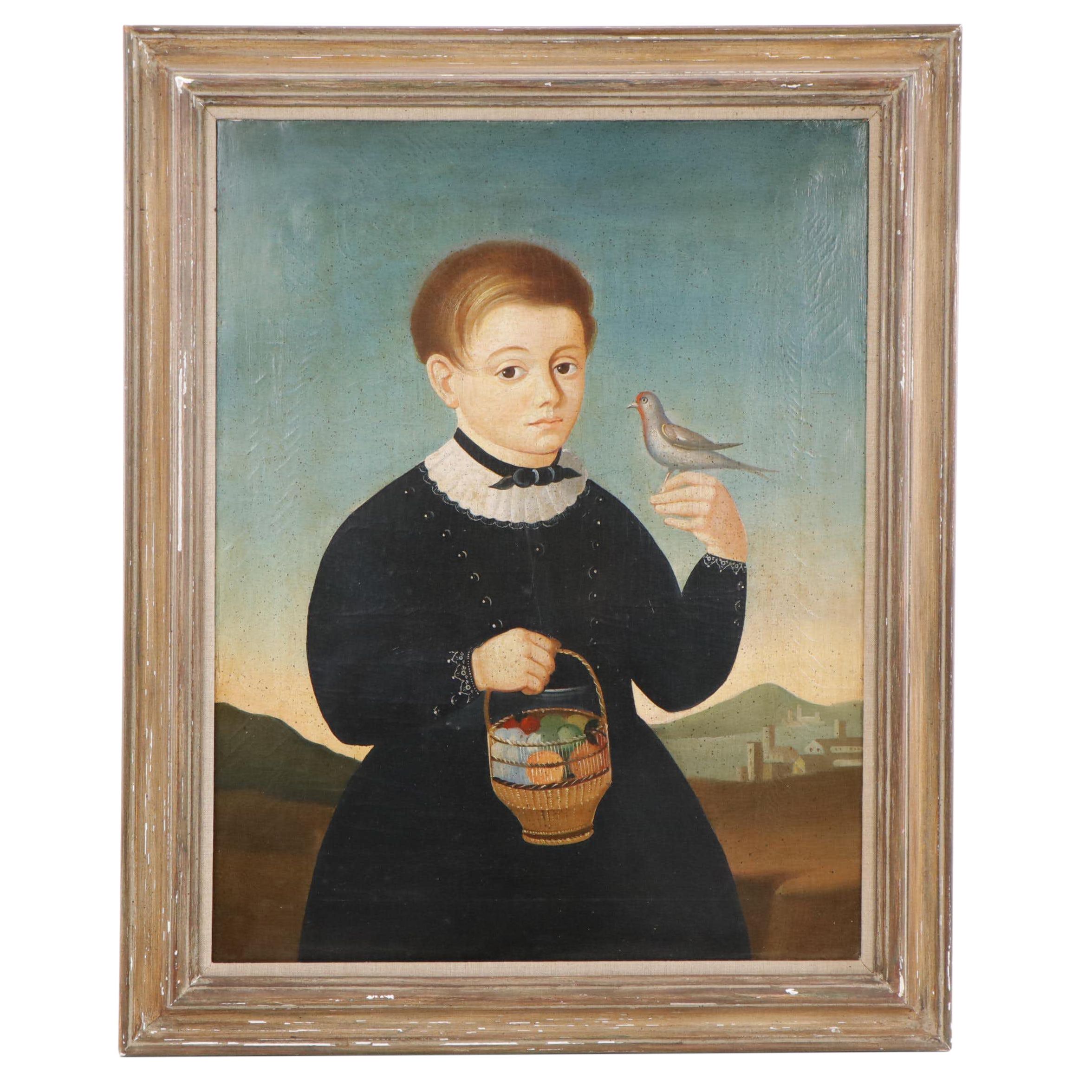 European School Folk Art Portrait of Boy With Bird, 19th or Early 20th Century