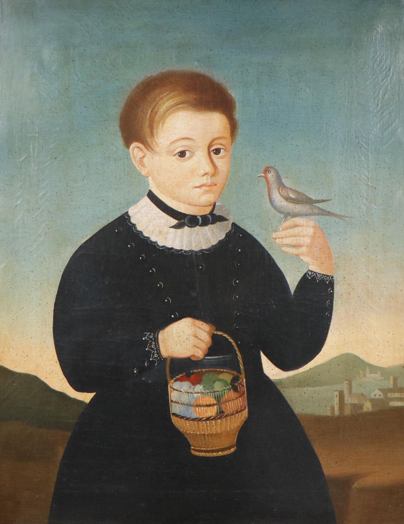 European School Folk Art Portrait of Boy With Bird, 19th or Early 20th Century